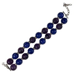 Genuine Lapis Lazuli and Amethyst Diamanté Sterling Bead Adjustable Bracelet