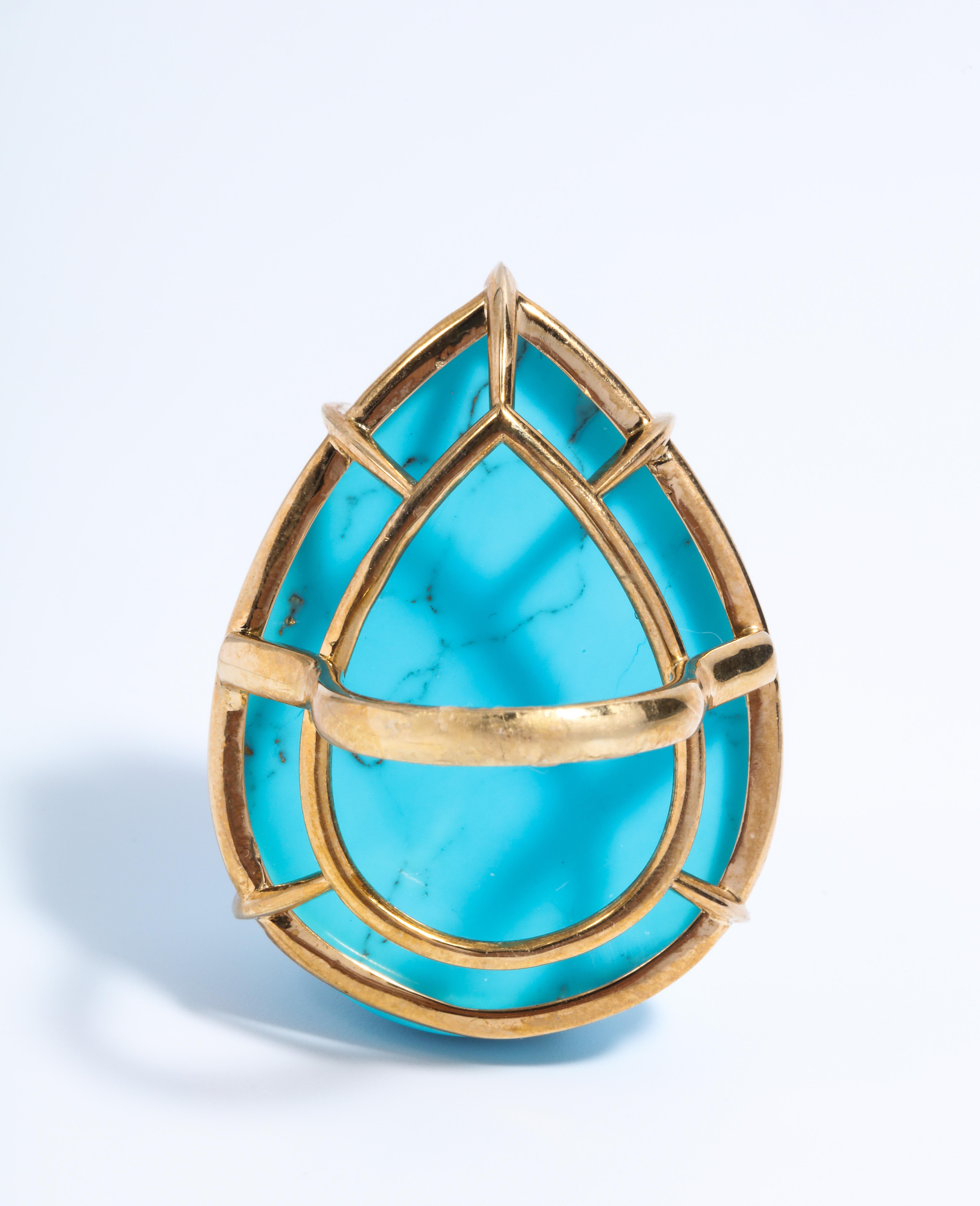 Genuine Large 116 Carat Cabochon Pear Shape Turquoise Matrix Statement  Ring In New Condition In New York, NY