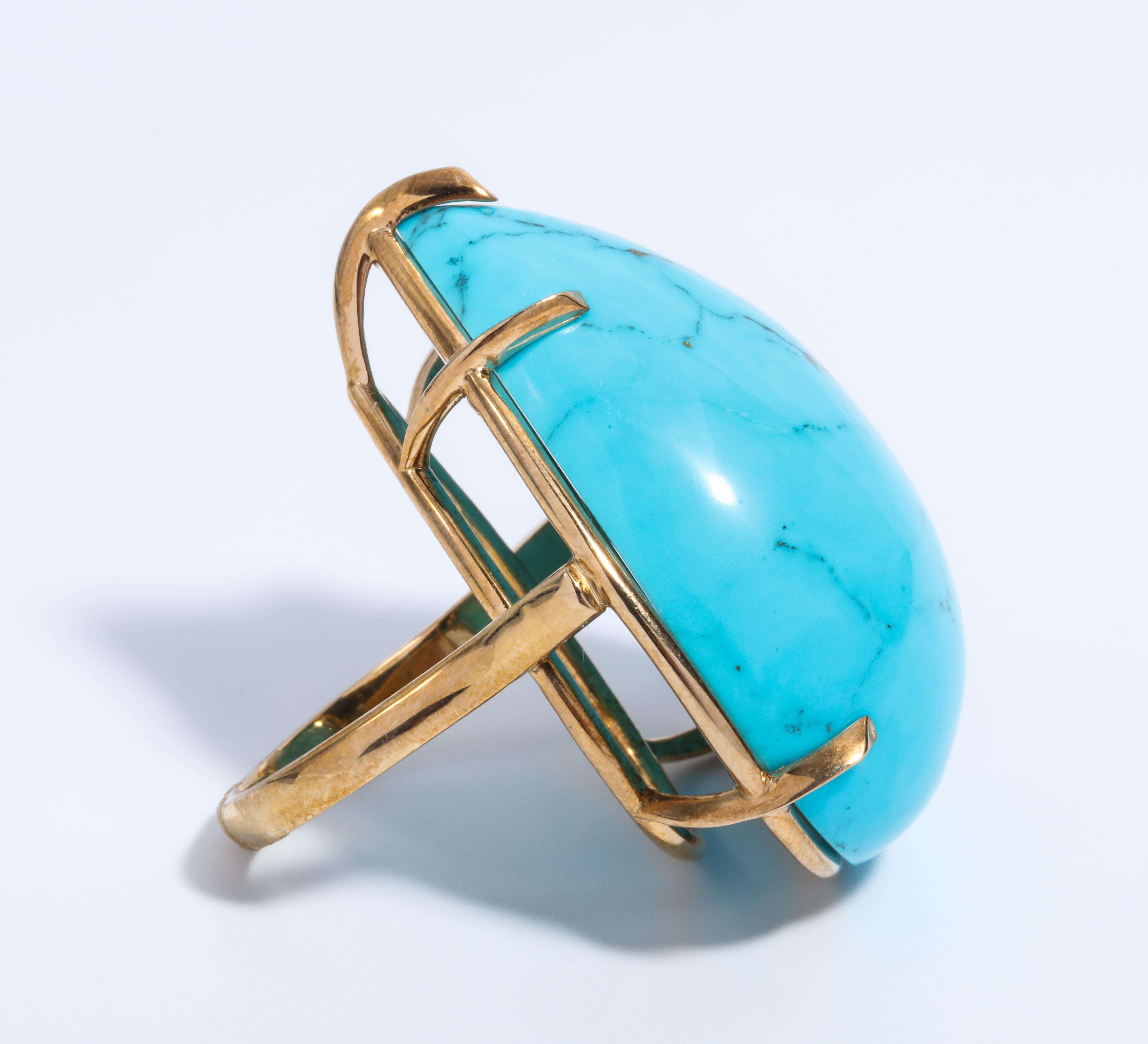 Women's Genuine Large 116 Carat Cabochon Pear Shape Turquoise Matrix Statement  Ring