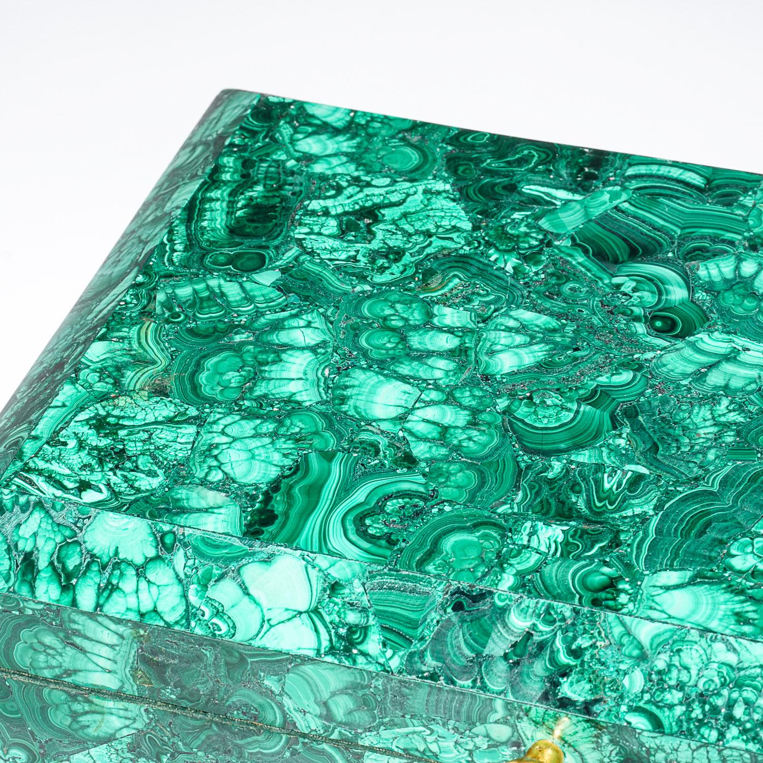 Beautiful rectangle jewelry box handmade from the finest top grade natural bulls eye Malachite from Congo, with rich translucent to transparent green color. This stunning Malachite box is perfect to store your beautiful treasures. The box has been