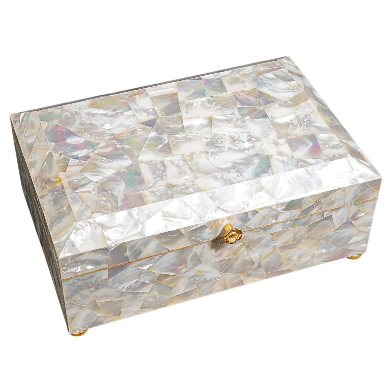 Genuine Large Mother of Pearl Decorative Jewelry Box (12" x 8.25" x 5", 9.5 lbs) For Sale
