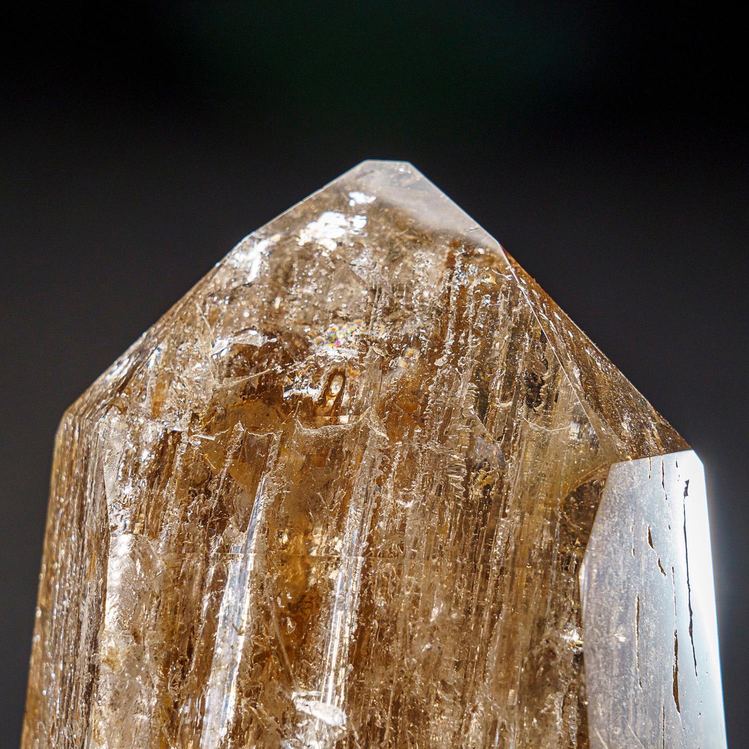 This high-quality crystal is a rare find from Brazil. The large, transparent smoky quartz showcases included water bubbles from its formation, making it an intriguing specimen. With a beautiful smoky hue, this crystal is mainly transparent with some