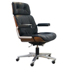 Used Genuine Leather Armchair Master Chair by Stoll or Giroflex, Oak, 1960s