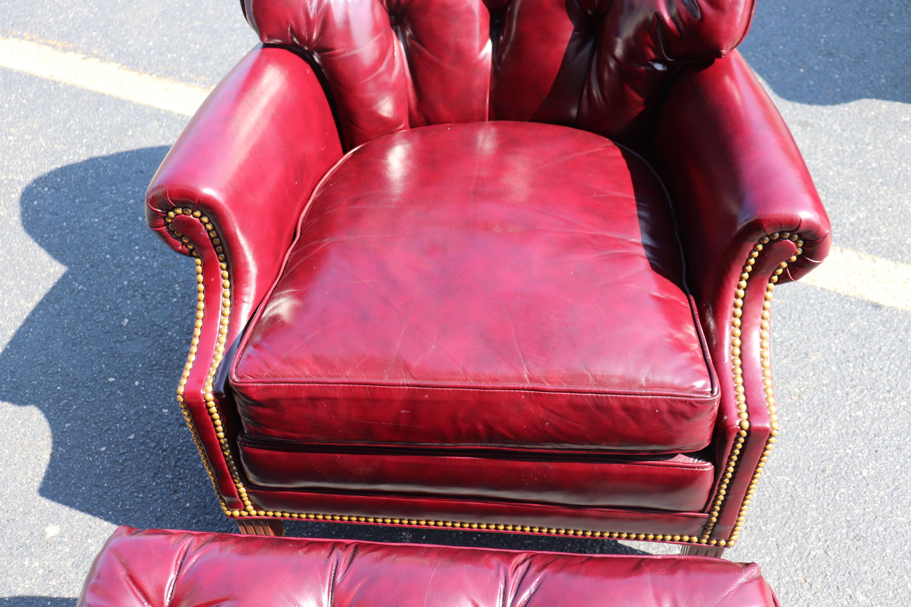 Genuine Leather Burgundy Hancock & Moore Chesterfield Club Chair and Ottoman 3