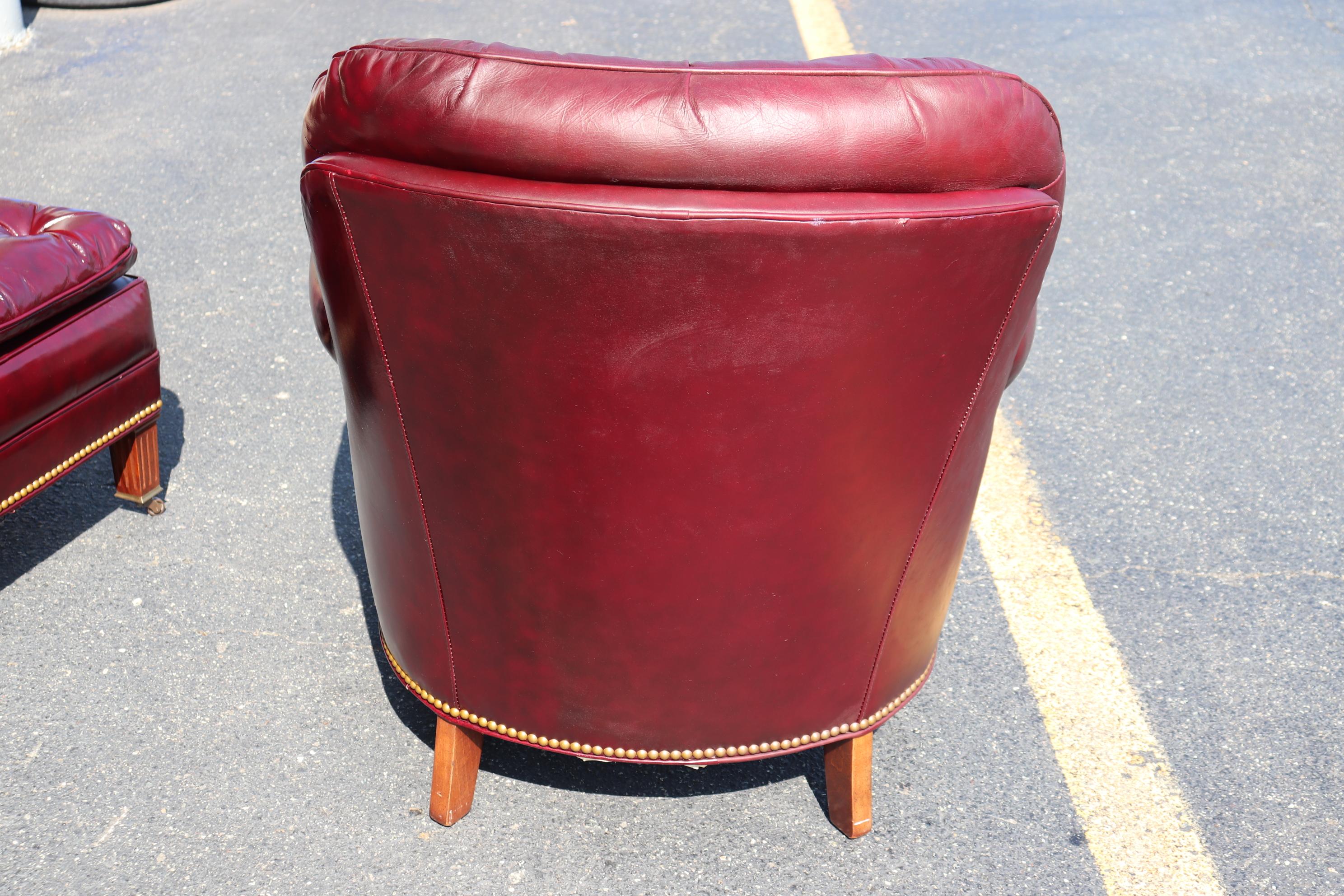 Genuine Leather Burgundy Hancock & Moore Chesterfield Club Chair and Ottoman In Good Condition In Swedesboro, NJ