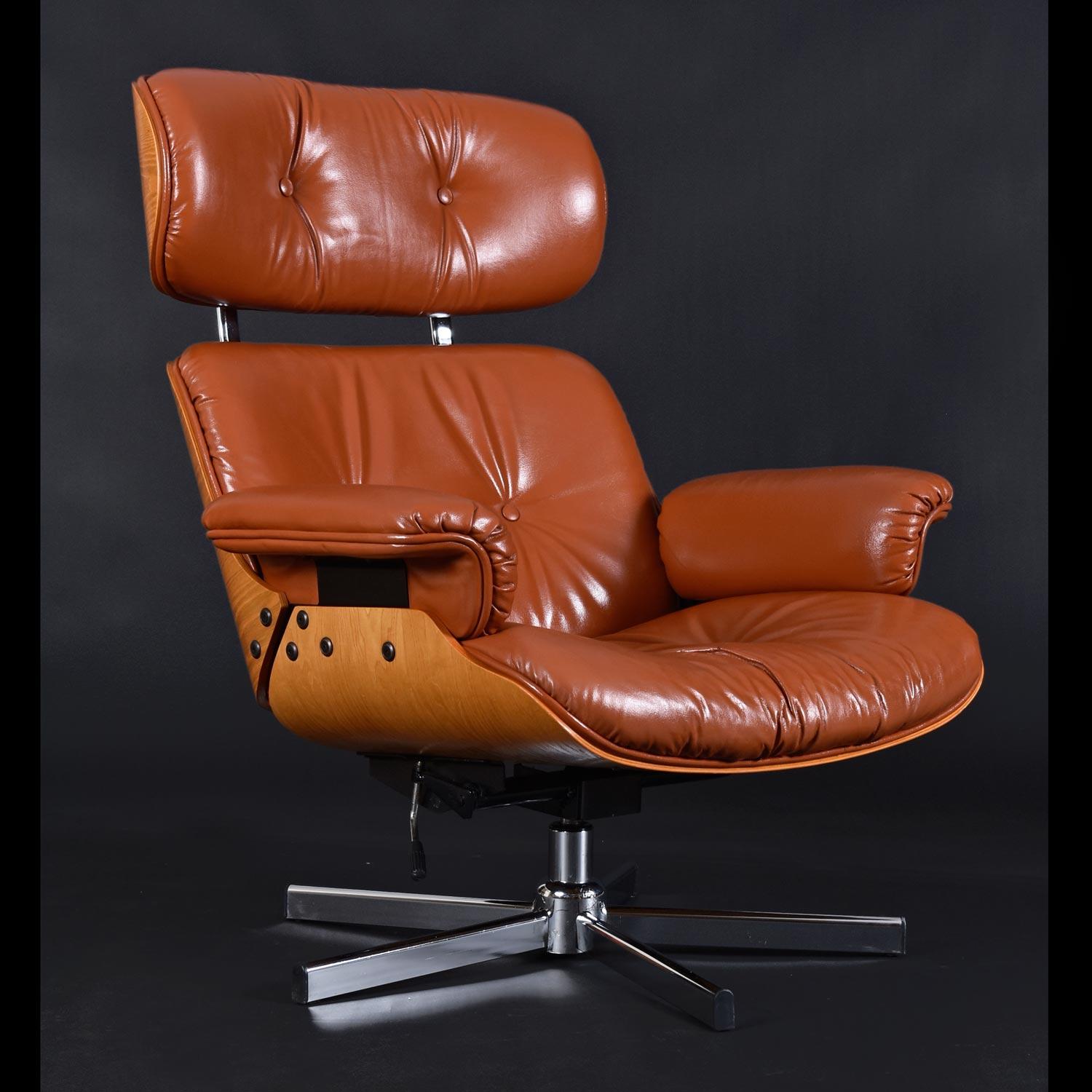 Mid-Century Modern Vintage 1970s Genuine Leather Cofemo Lounge Chair and Ottoman, Made in Italy