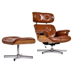 Vintage Genuine Leather Cofemo Eames Style Lounge Chair and Ottoman Made in Italy