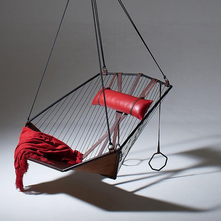 Genuine Leather Modern Angular Suspended Sling Chair For Sale at 1stDibs