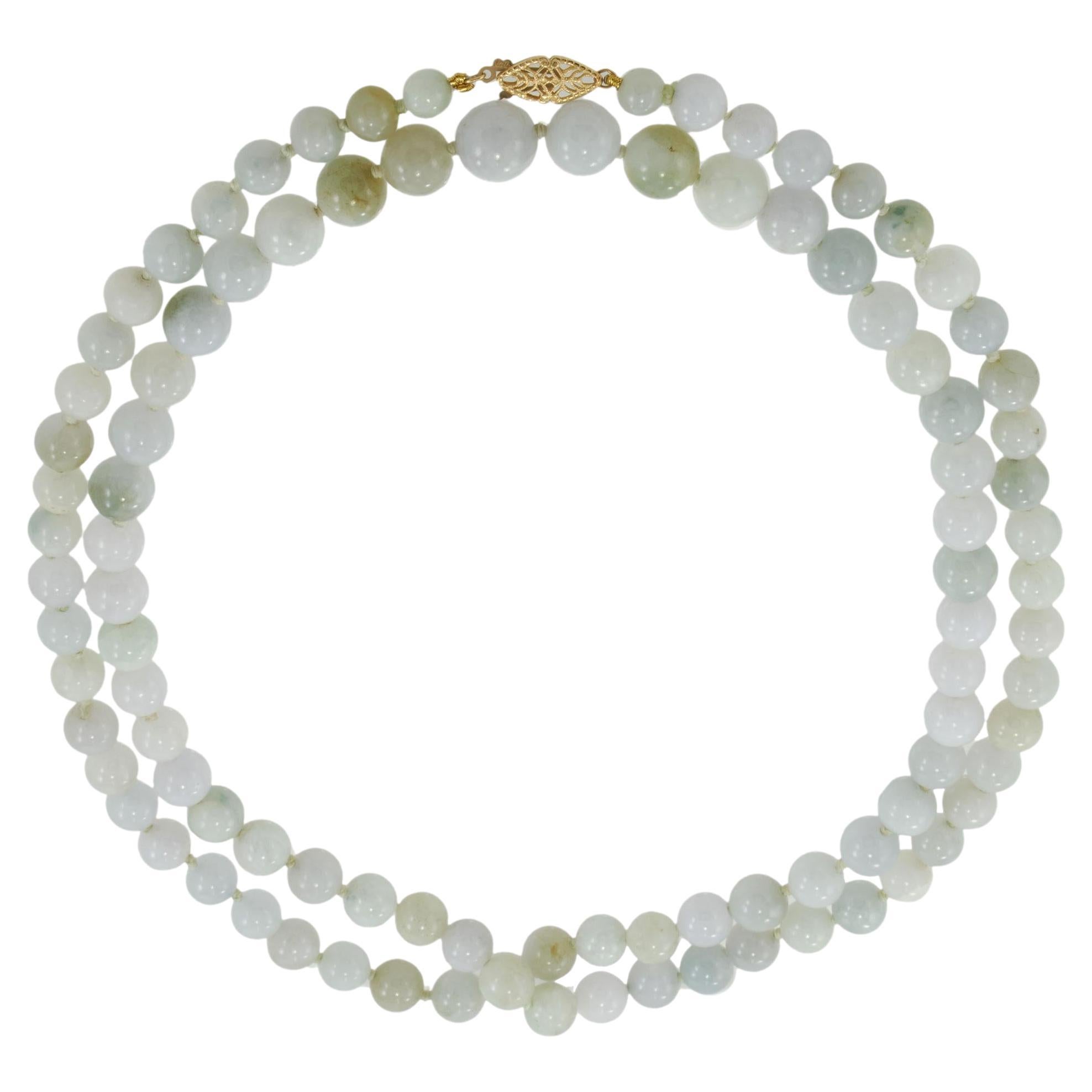 Genuine Light Green Jade 36" Graduated Necklace with 14K Yellow Gold Clasp For Sale