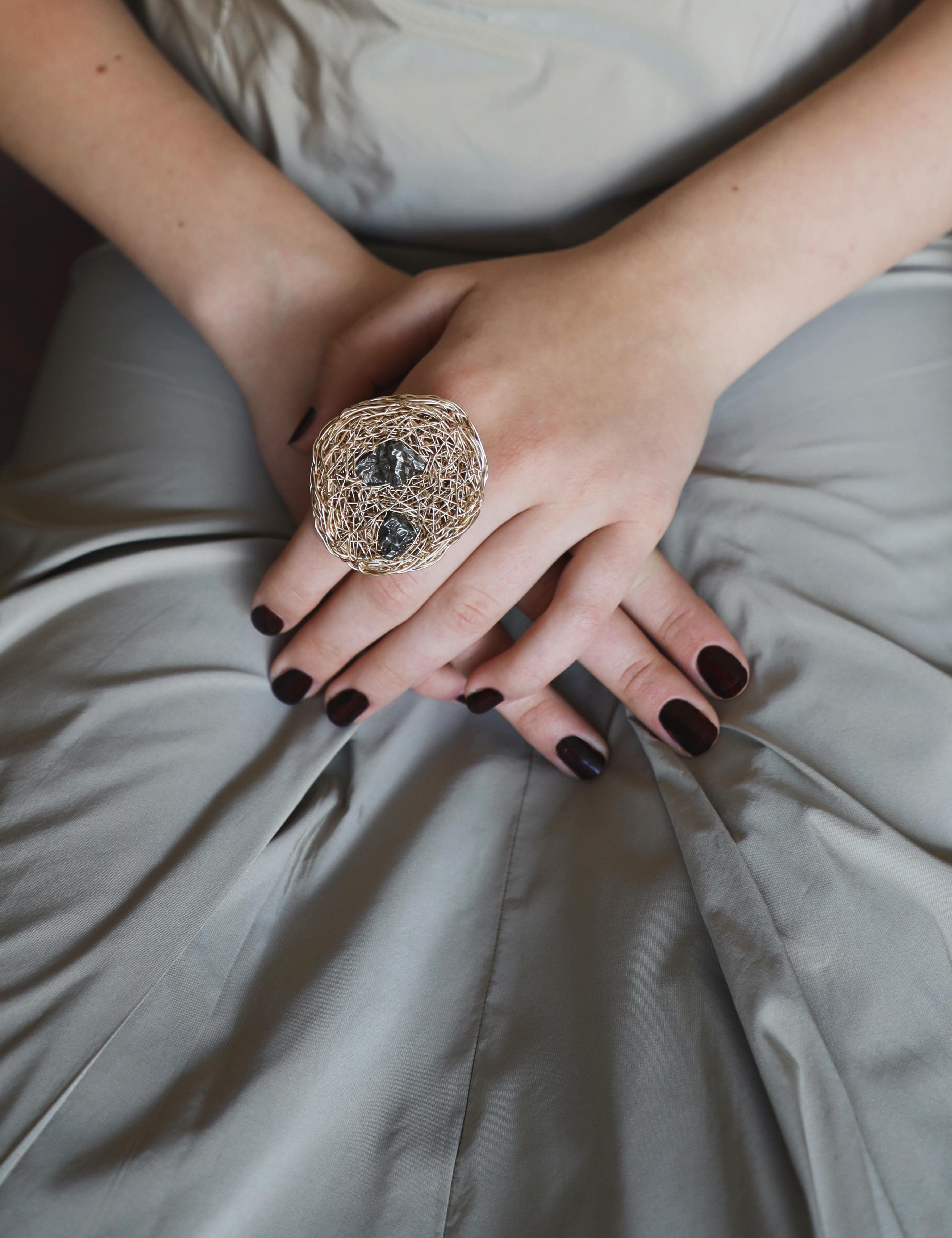 Genuine Meteorite One-of-a-kind Statement Cocktail Ring by the artist For Sale 2