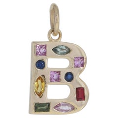 Genuine Multi Sapphire Gemstone Solid 14k Yellow Gold Jewelry B Letter Pendant