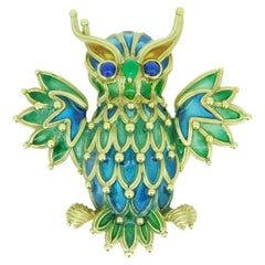 Genuine Natural 18k Yellow Gold Plique-A-Jour Enamel Owl Pin '#J1724'