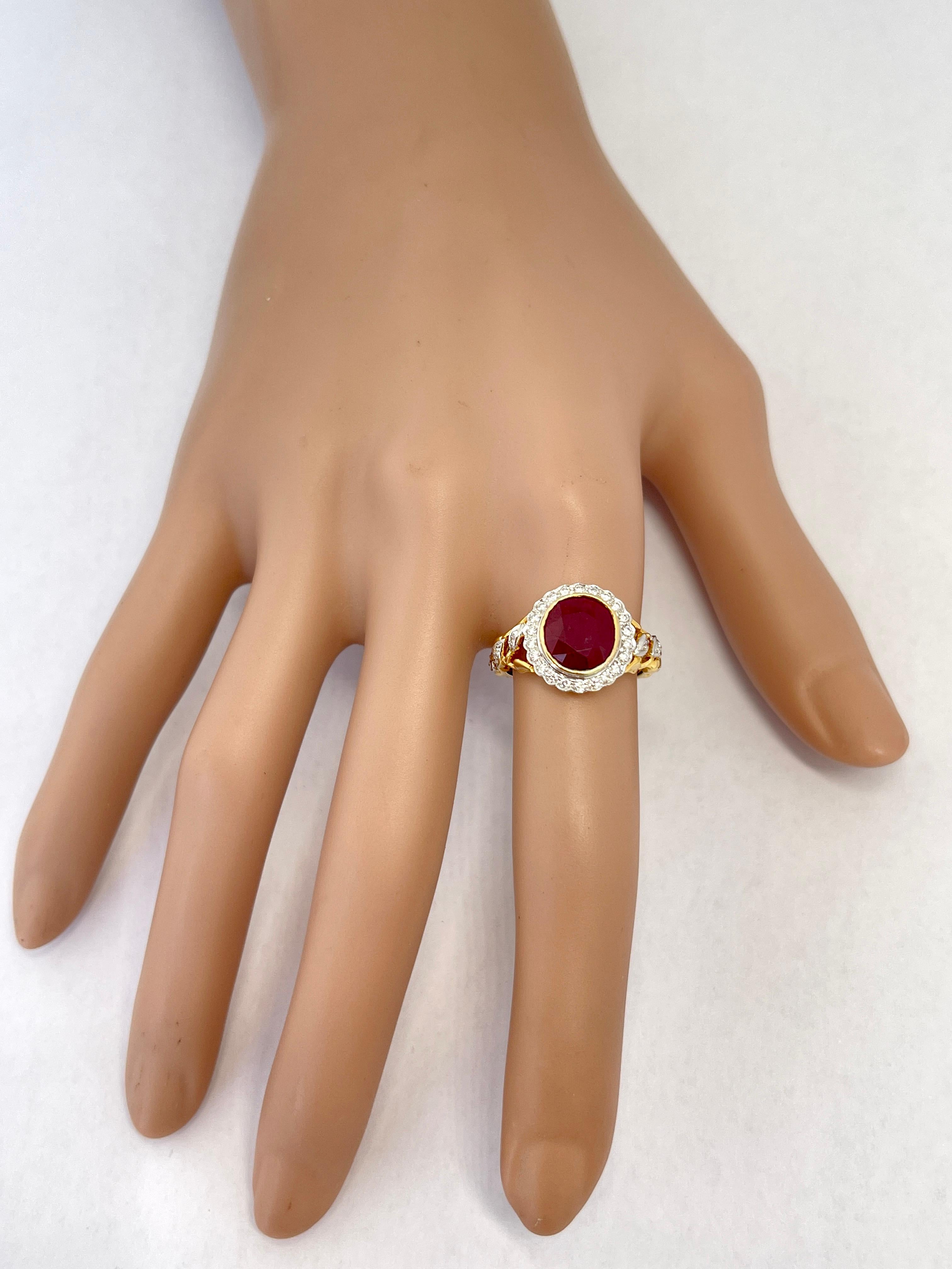 Genuine Natural 3.50ct Burmese Ruby Diamond Halo Ring 18ct Dual Tone Gold  For Sale 1