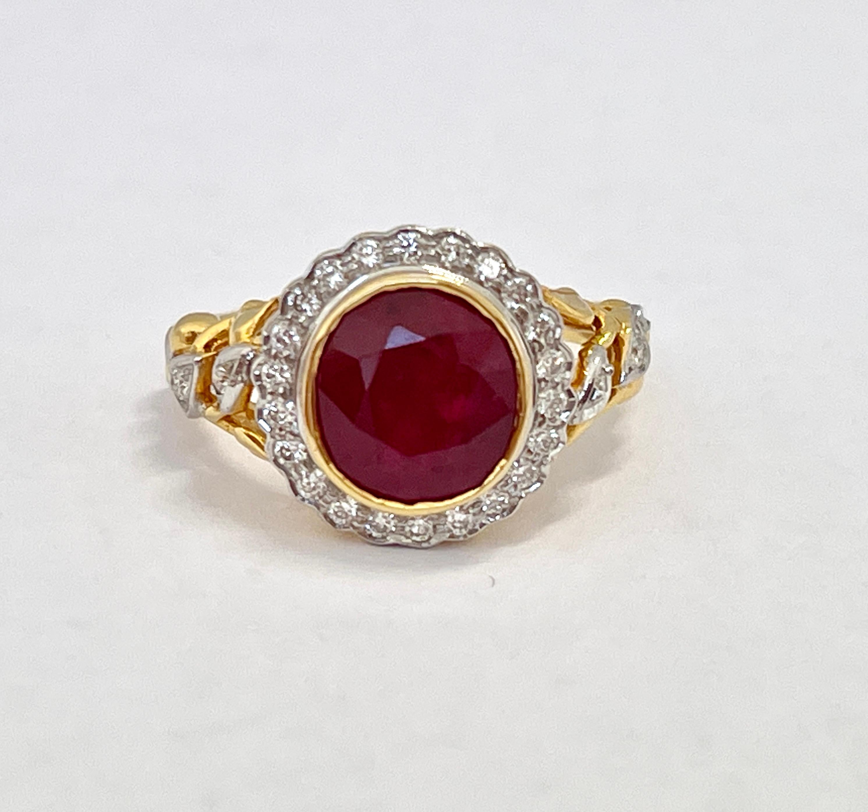 This ring is a true beauty.

It features a strong red, 3.54ct Burmese Ruby that does not show signs of any treatment.  This is rare for a modern day Ruby.  The colour is medium dark red with a bright hue and because the stone is untreated, it