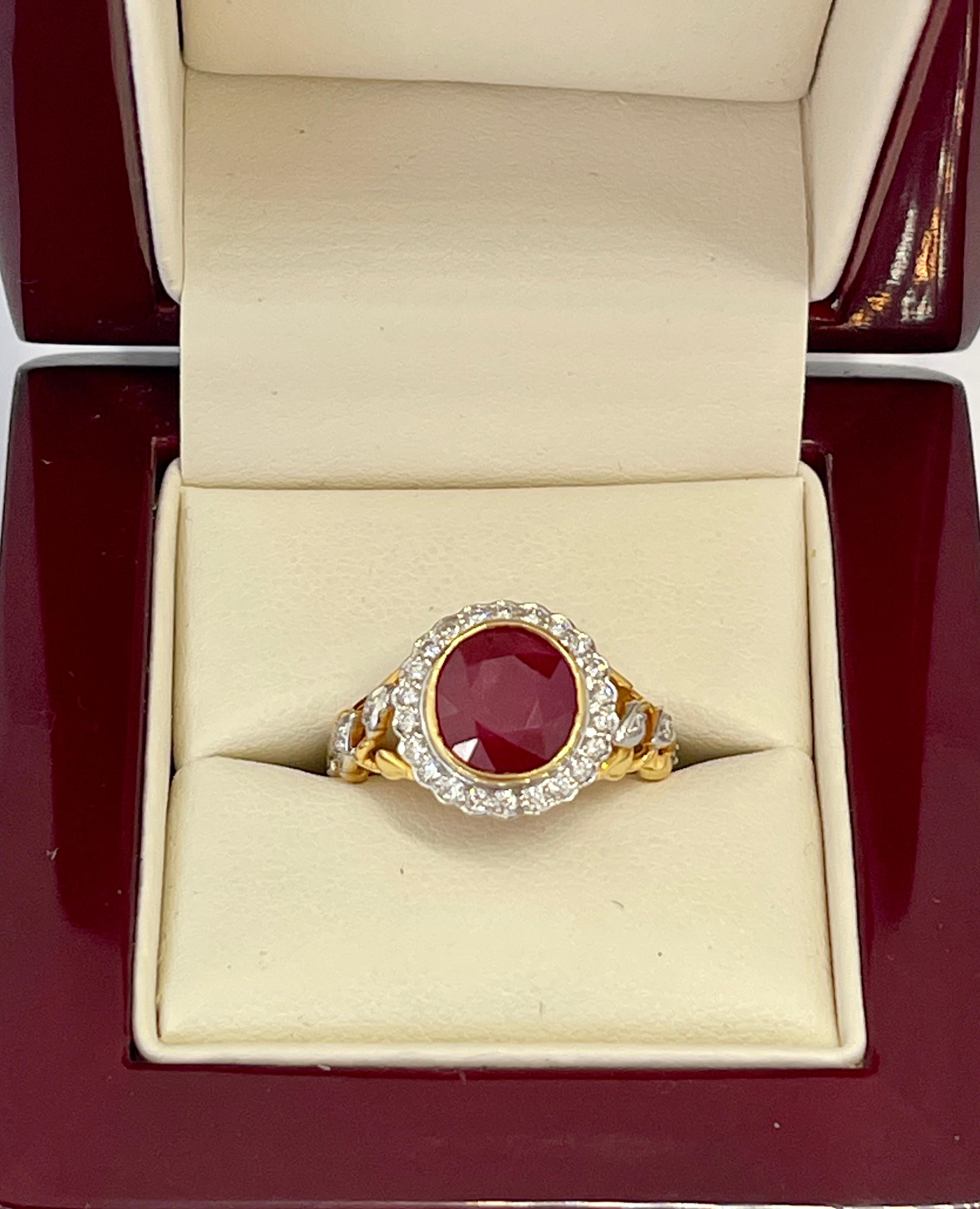 Women's Genuine Natural 3.50ct Burmese Ruby Diamond Halo Ring 18ct Dual Tone Gold  For Sale