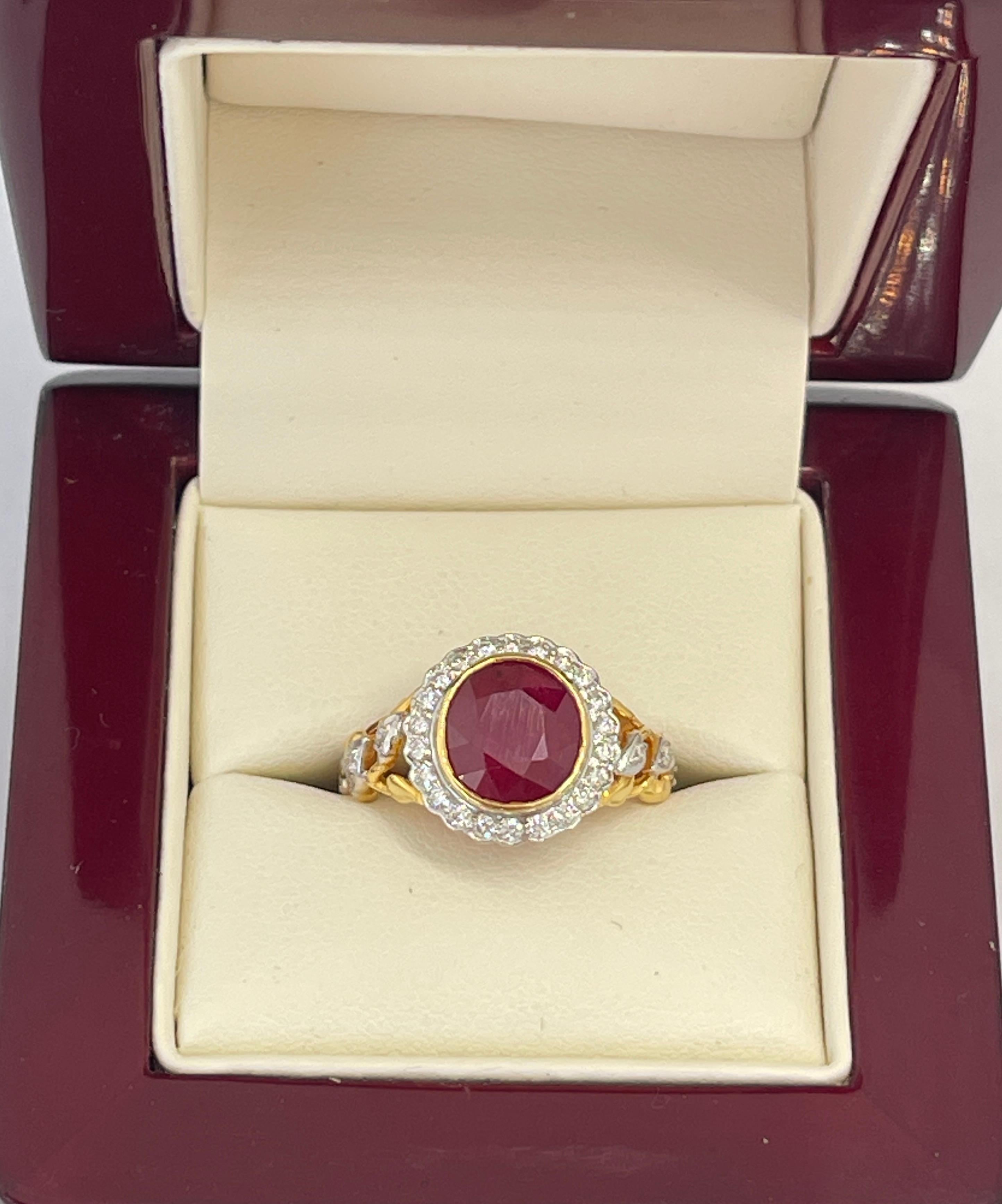 Genuine Natural 3.50ct Burmese Ruby Diamond Halo Ring 18ct Dual Tone Gold  For Sale 4