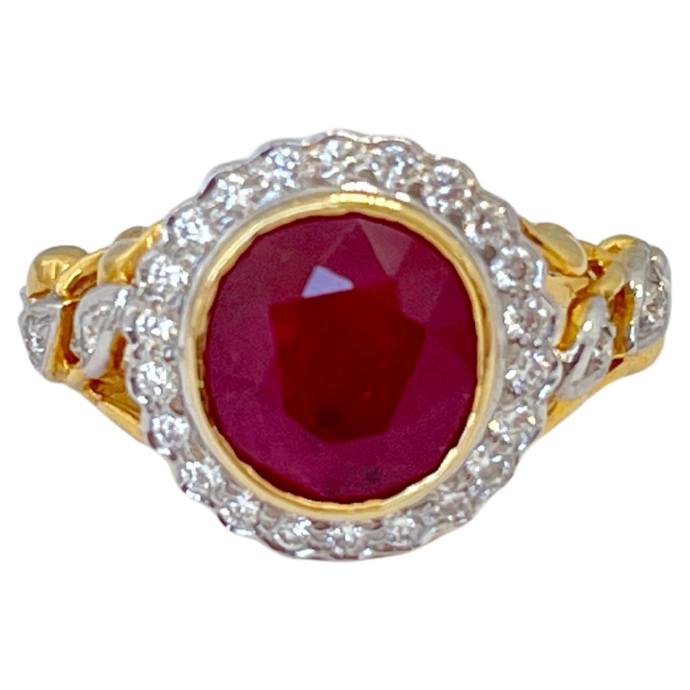 Genuine Natural 3.50ct Burmese Ruby Diamond Halo Ring 18ct Dual Tone Gold  For Sale