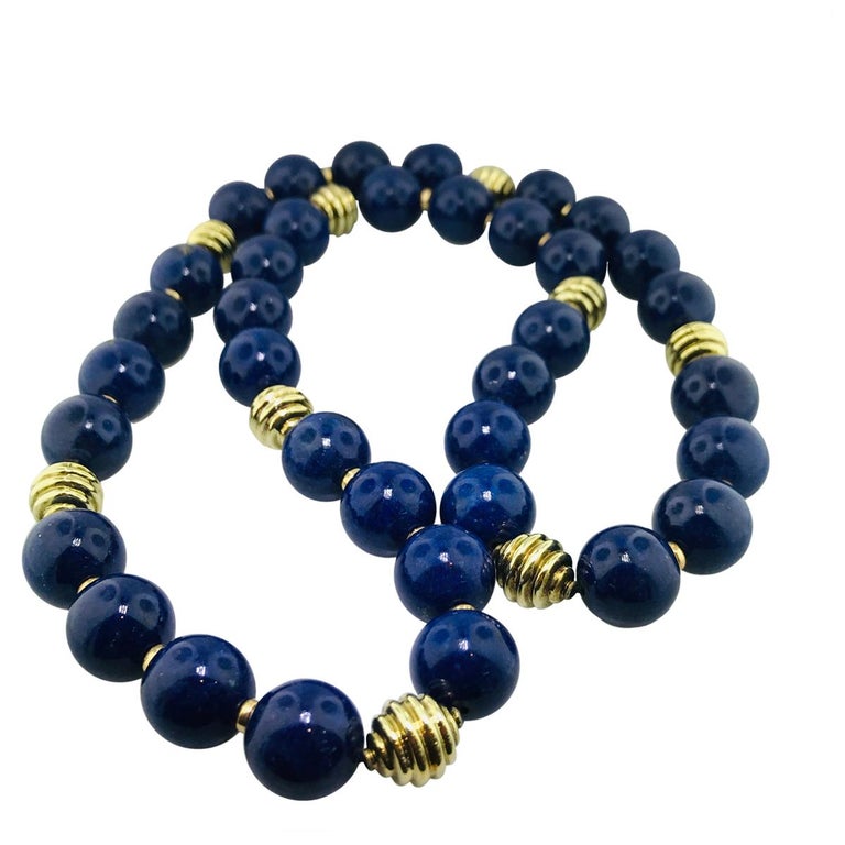 Genuine, Natural Blue Lapis Bead Necklace with 18 Karat Gold Beads and
