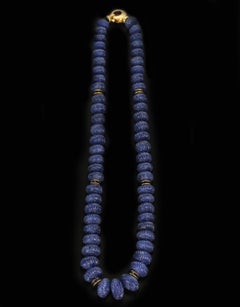 Genuine & Natural Carved Sapphire Beads Necklace Calibre Sapphire and Gold Discs