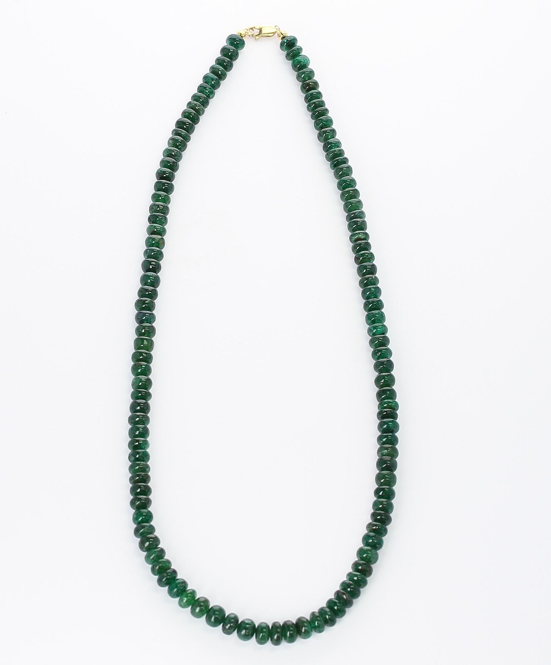 A Genuine & Natural Deep Green Fine Emerald Plain & Smooth Beads Necklace ranging from 7MM to 8.50MM. The length is 21 inches, the clasp is14K Yellow Gold, and the weight is 232 carats. We can also customize the necklace according to your