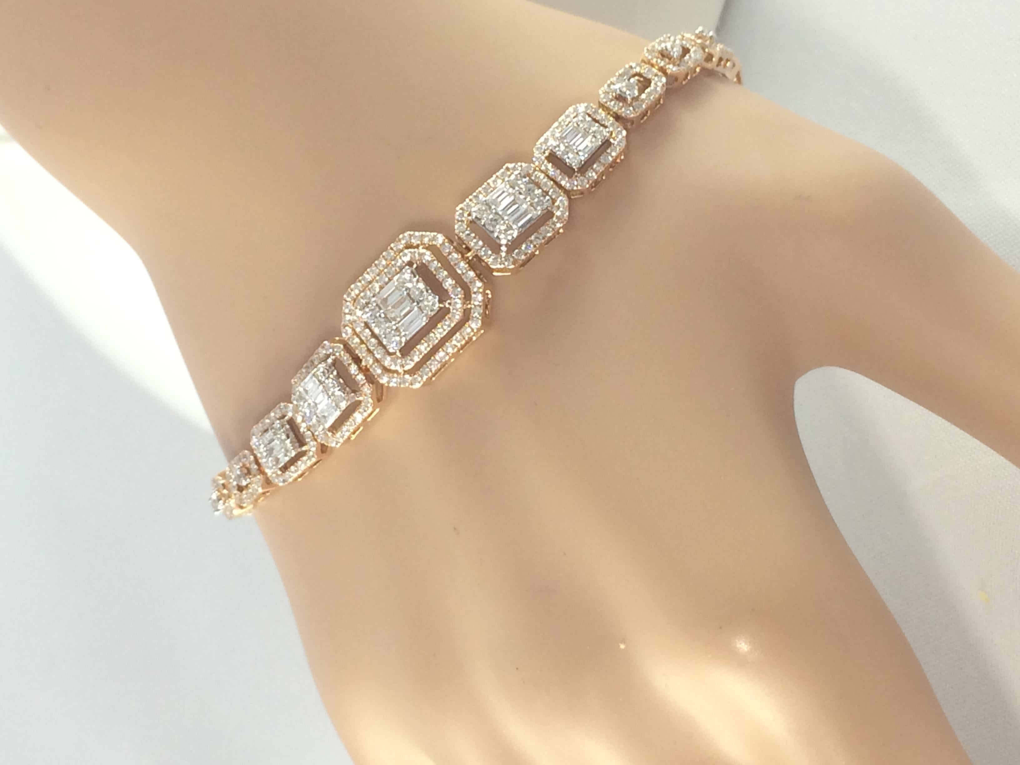 Modern Genuine Natural Diamond Cluster Bracelet Baguette Round Diamonds 18ct Rose Gold  For Sale