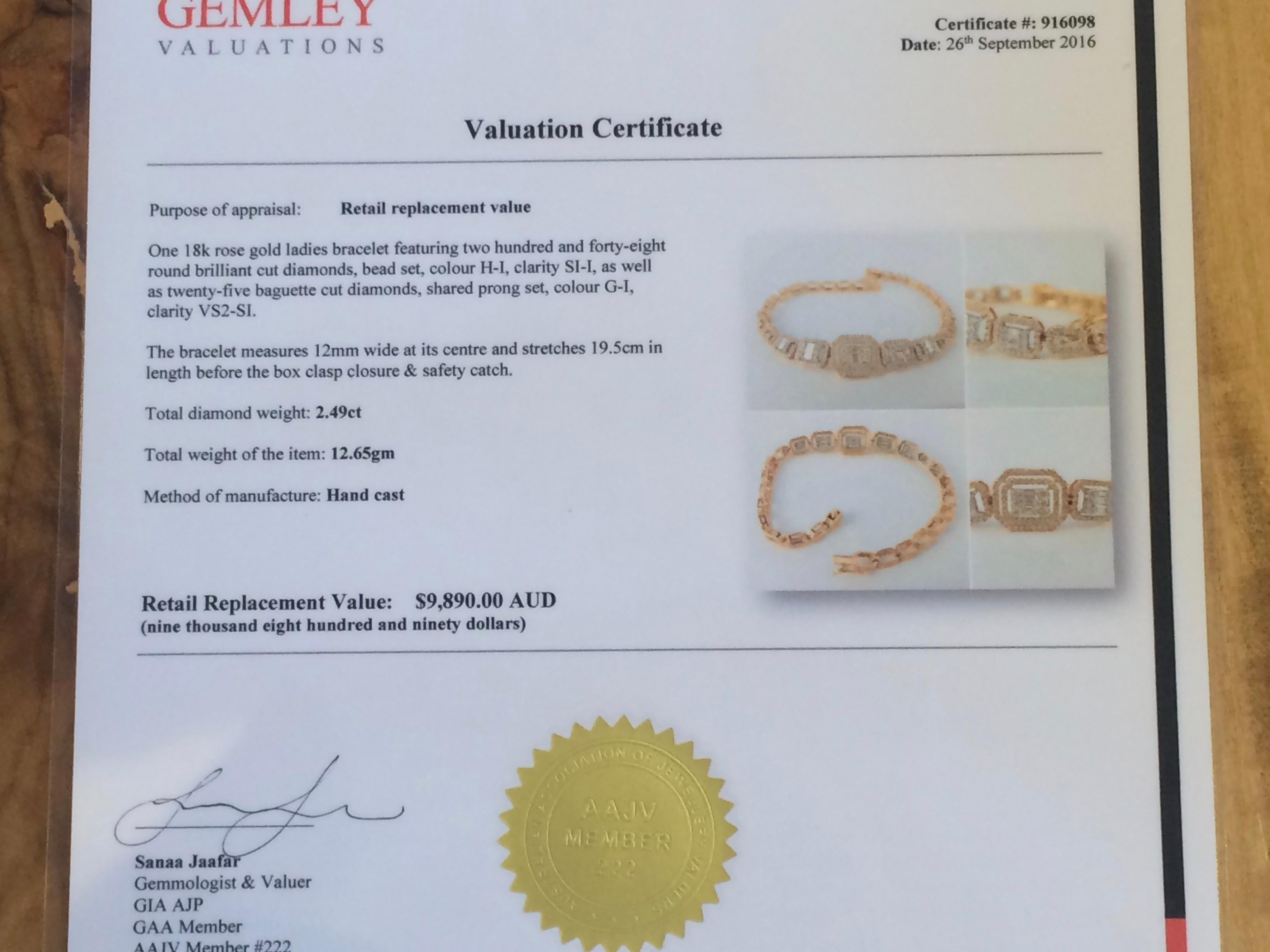 Baguette Cut Genuine Natural Diamond Cluster Bracelet Baguette Round Diamonds 18ct Rose Gold  For Sale