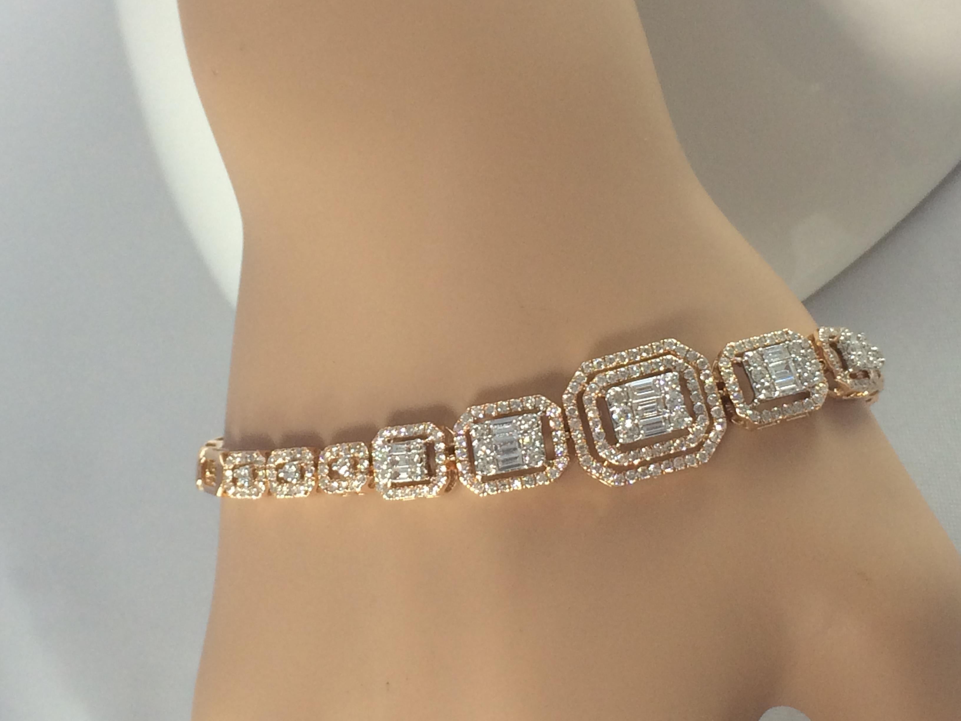 Genuine Natural Diamond Cluster Bracelet Baguette Round Diamonds 18ct Rose Gold  In New Condition For Sale In Mona Vale, NSW