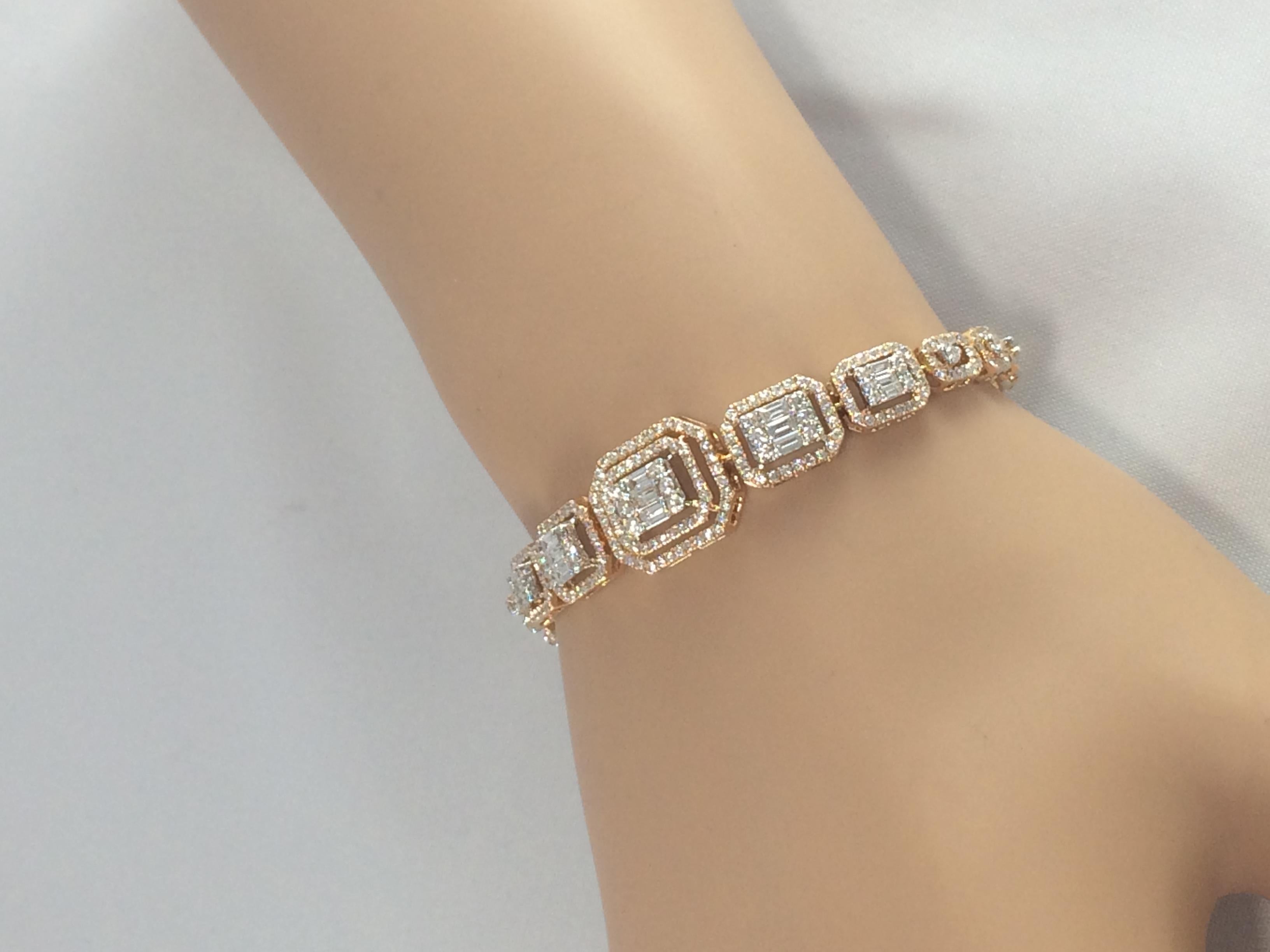 Genuine Natural Diamond Cluster Bracelet Baguette Round Diamonds 18ct Rose Gold  For Sale 1