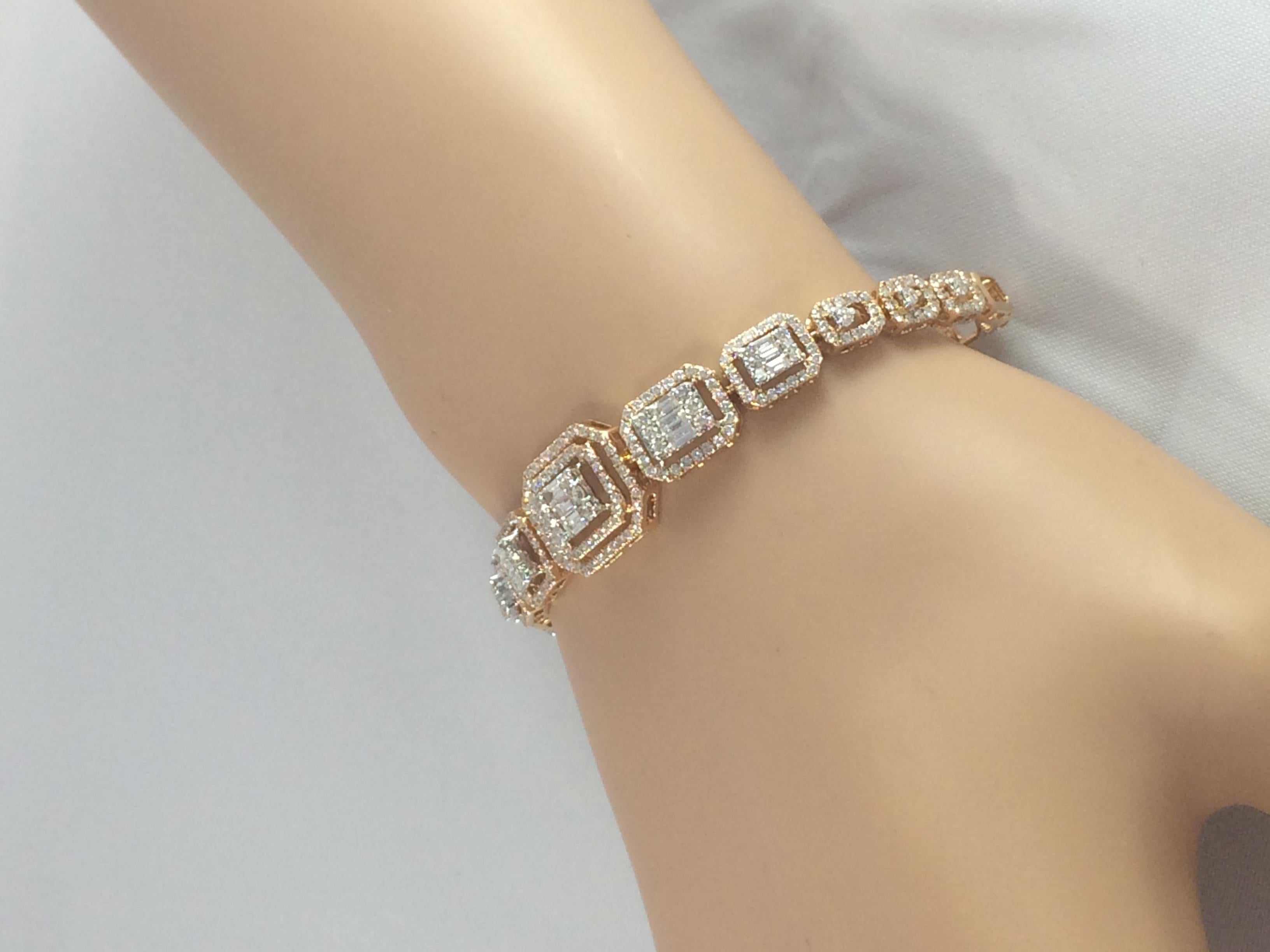Genuine Natural Diamond Cluster Bracelet Baguette Round Diamonds 18ct Rose Gold  For Sale 2