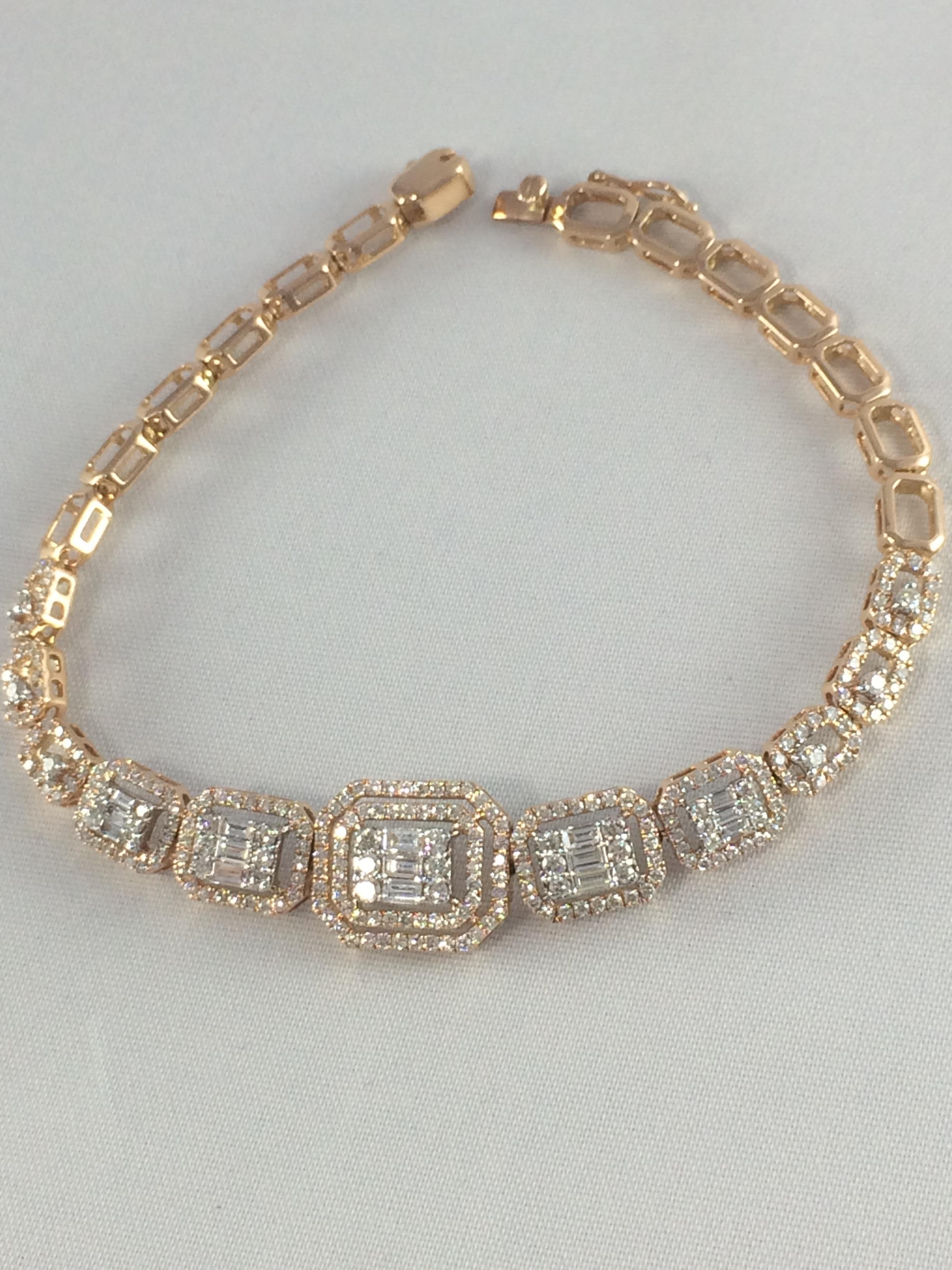 Genuine Natural Diamond Cluster Bracelet Baguette Round Diamonds 18ct Rose Gold  For Sale 3