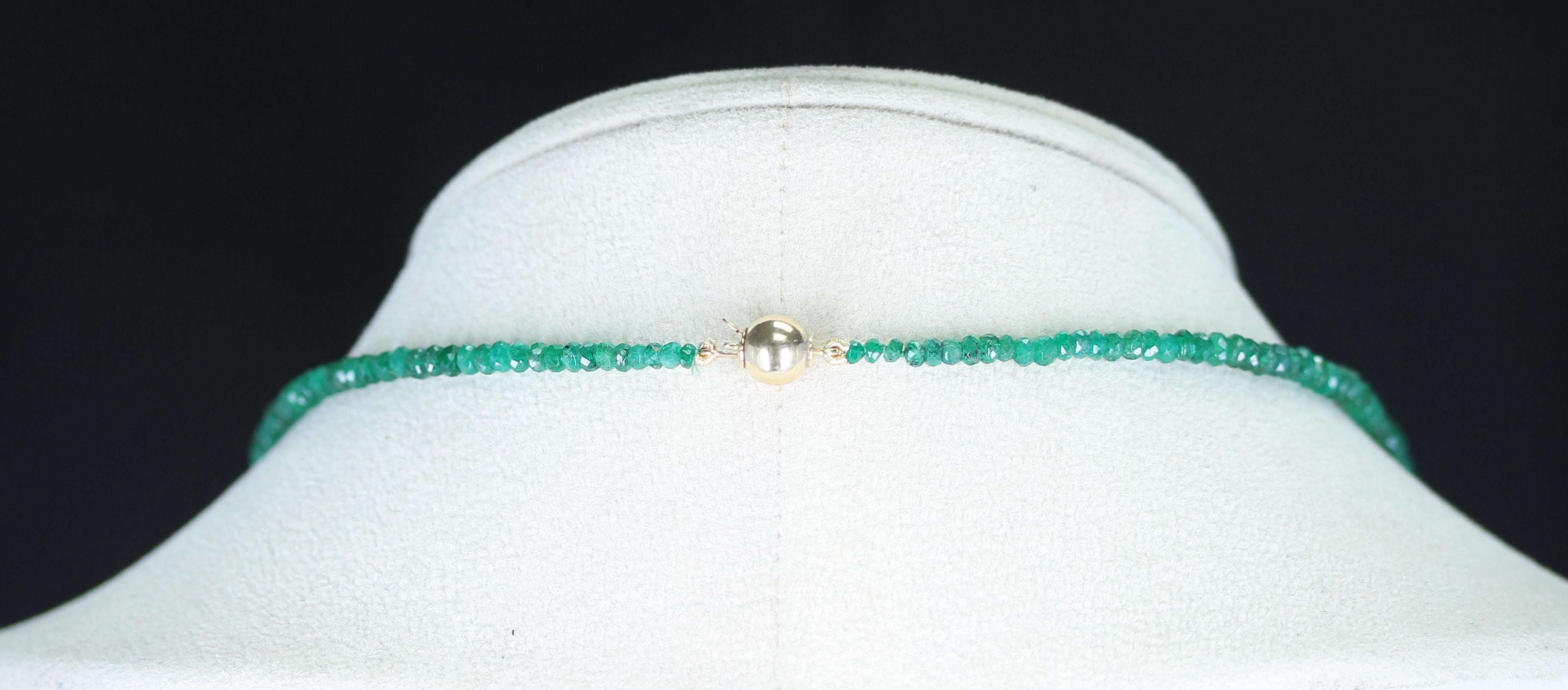A Genuine & Natural Emerald Faceted Beads Necklace, with a 14K Clasp, weighing 69 carats. The length is 22.50 inches, and the size of the beads range from 3MM to 5MM. We can also customize the necklace according to your preferences, as per the