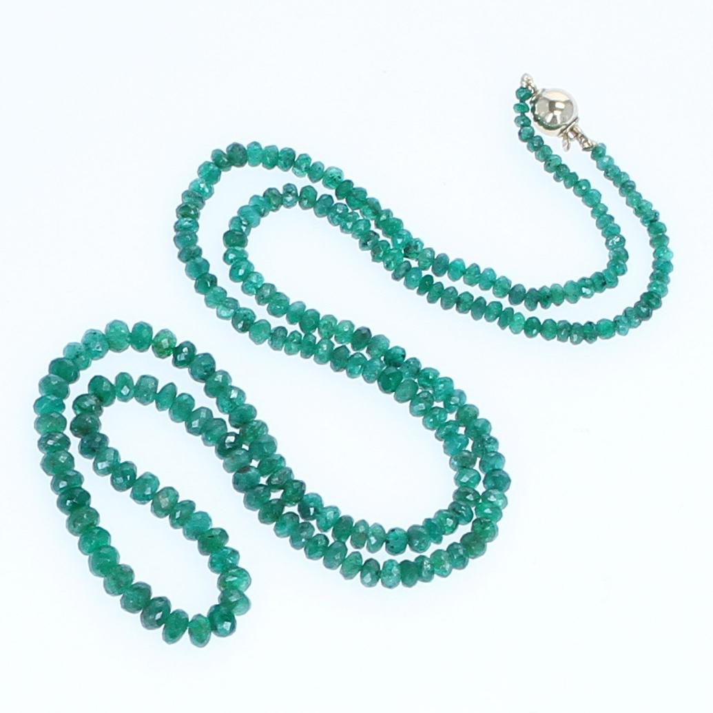 Women's or Men's Genuine and Natural Emerald Faceted Beads Necklace, 14 Karat Yellow Gold