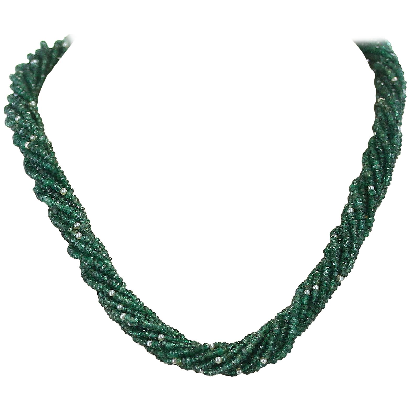 Genuine & Natural Faceted Green Emerald Beads with Pearls Choker Necklace, 18K 