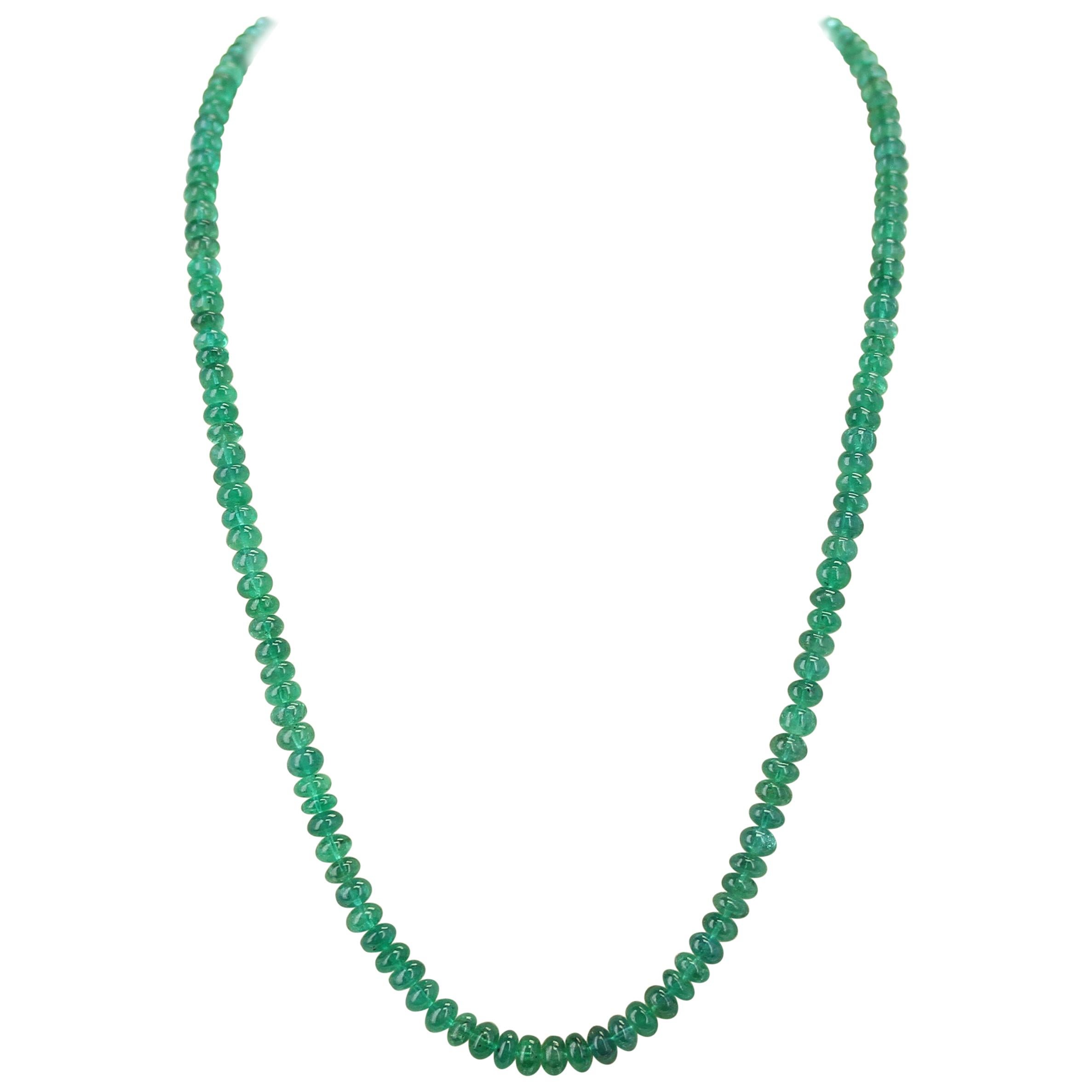 Genuine & Natural & Fine Strand of Emerald Plain Beads Necklace, 14 Karat Gold For Sale