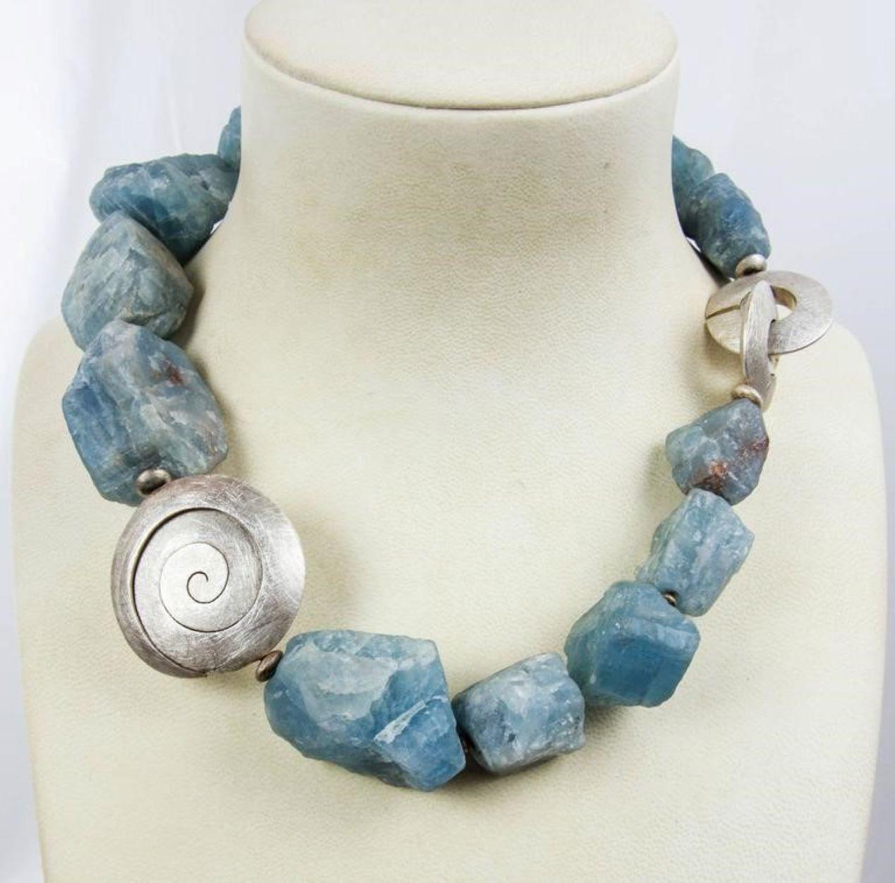 Mixed Cut Genuine Natural Freeform Aquamarine Nugget Sterling Silver Necklace  For Sale