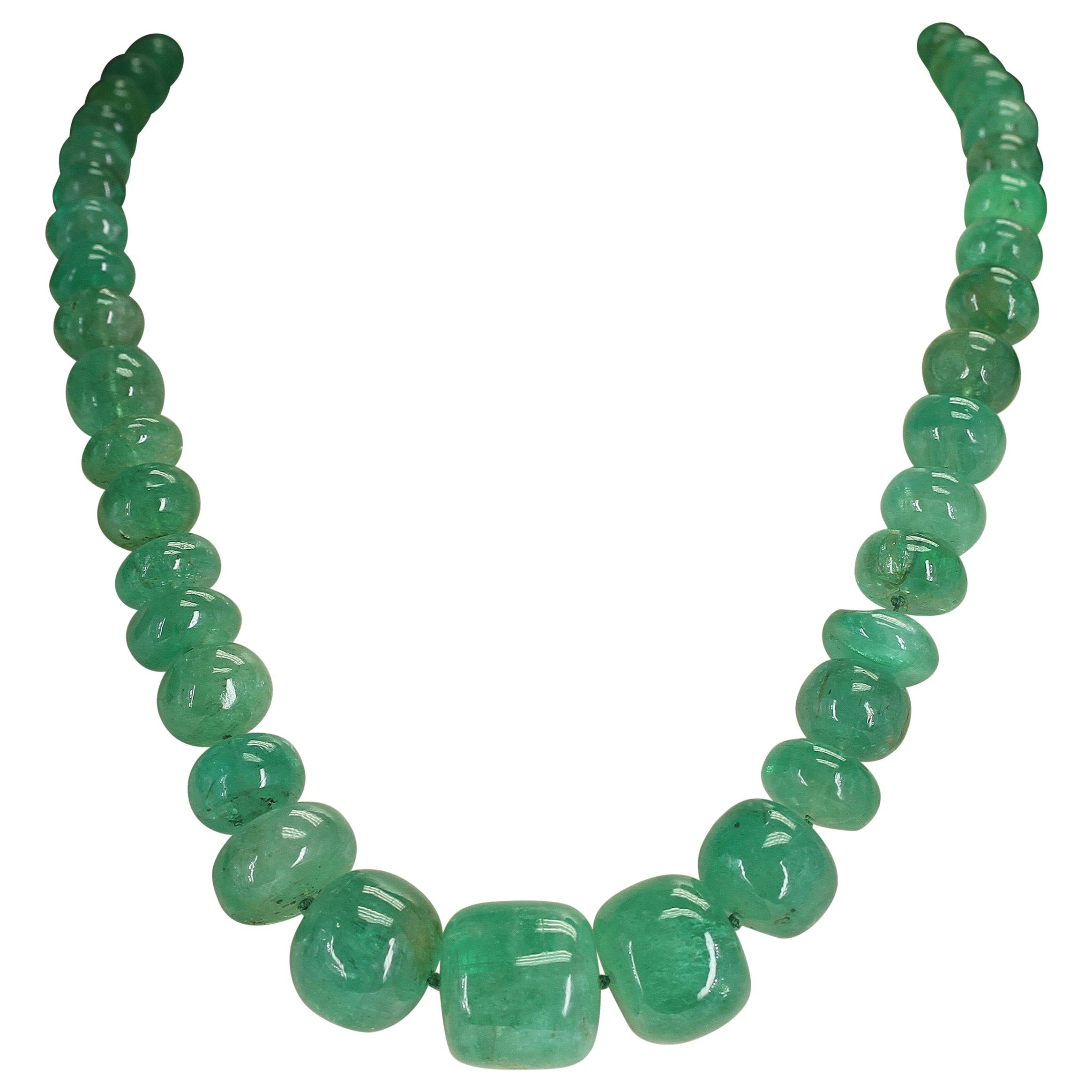 Genuine and Natural Large Plain Emerald Tumbled Beads with Pearl Clasp Necklace