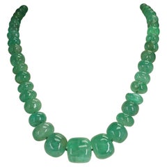 Genuine and Natural Large Plain Emerald Tumbled Beads with Pearl Clasp Necklace