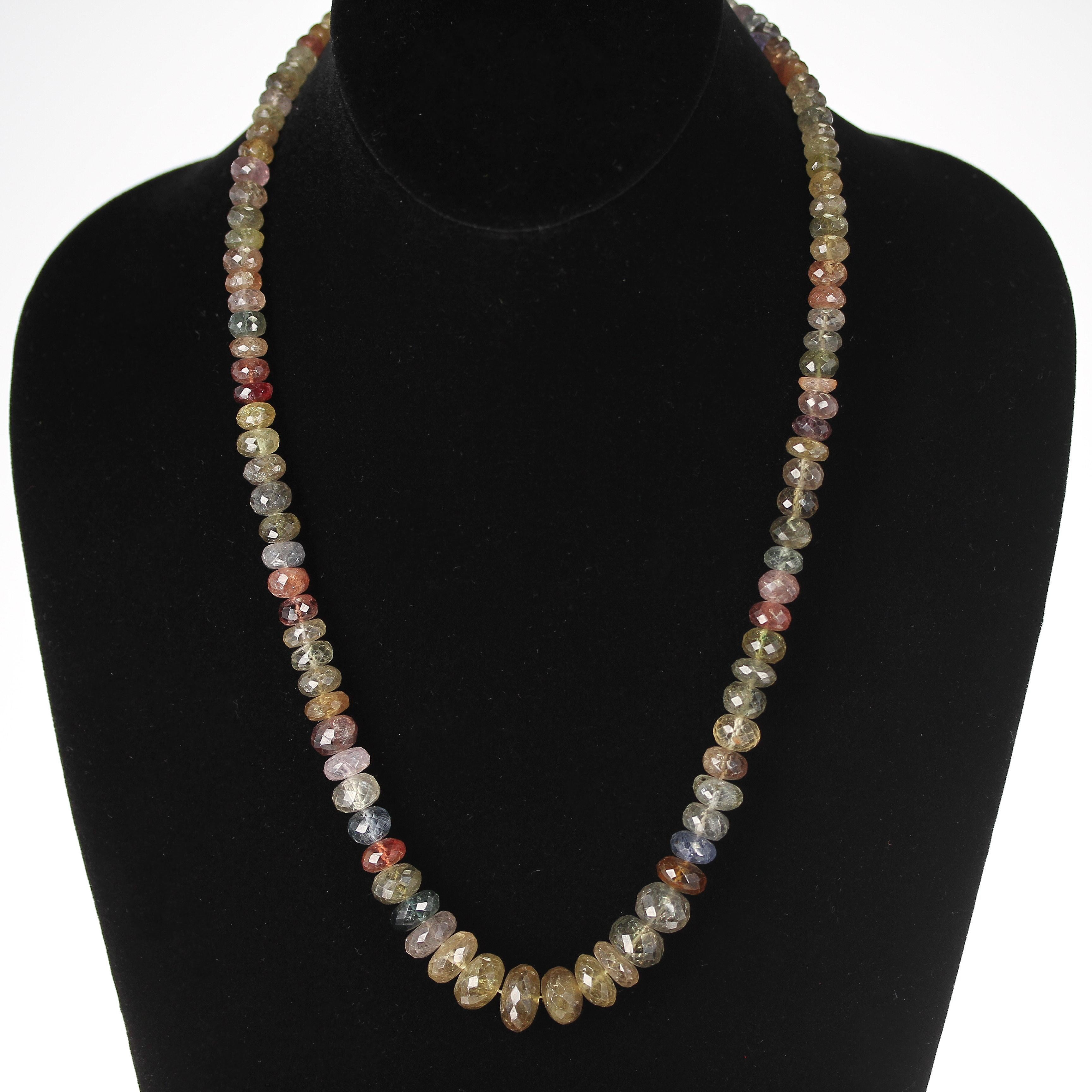A Multi-Color Earthy Tone Fancy Sapphire Faceted Beads Necklace with a 14K Clasp, weighing 415 carats. The length is 21 Inches and the beads range from 7MM to 12MM. 

We can also customize the necklace according to your preferences, as per the
