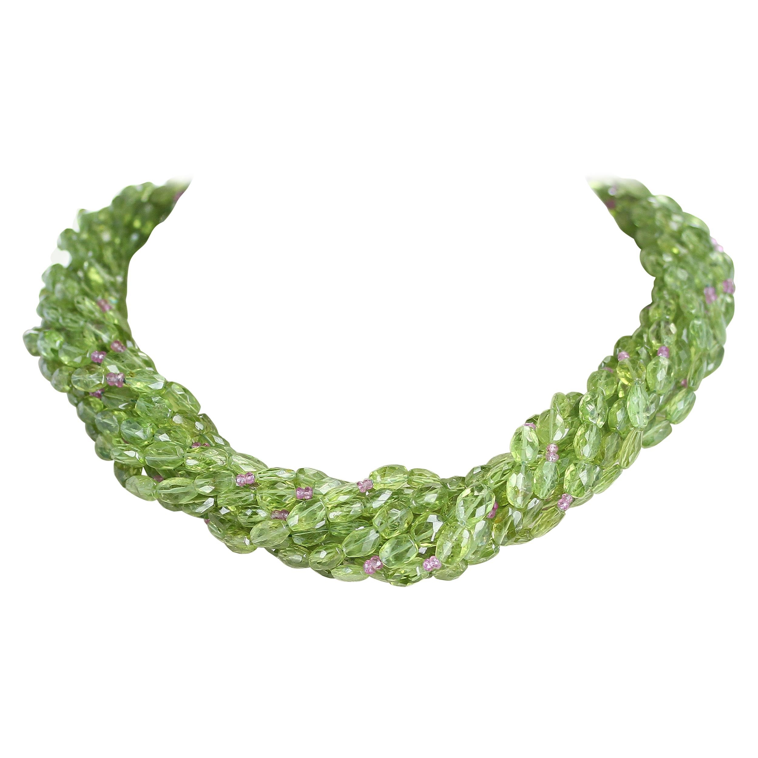 Genuine & Natural Peridot Tumbled Faceted Beads with Pink Sapphire Bead Necklace
