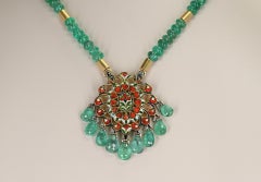 Genuine & Natural Plain Emerald Beads Necklace and Indian Kundan Enamel Pendant