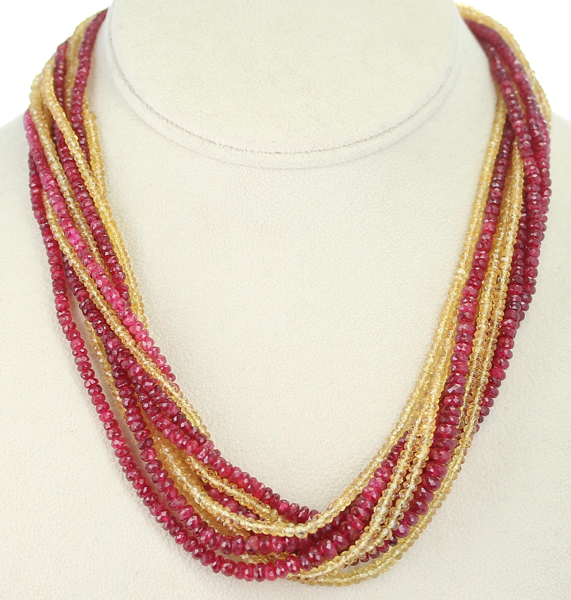 Collier ras du cou en perles à facettes en spinelle rouge et saphir jaune véritable et naturel Unisexe en vente