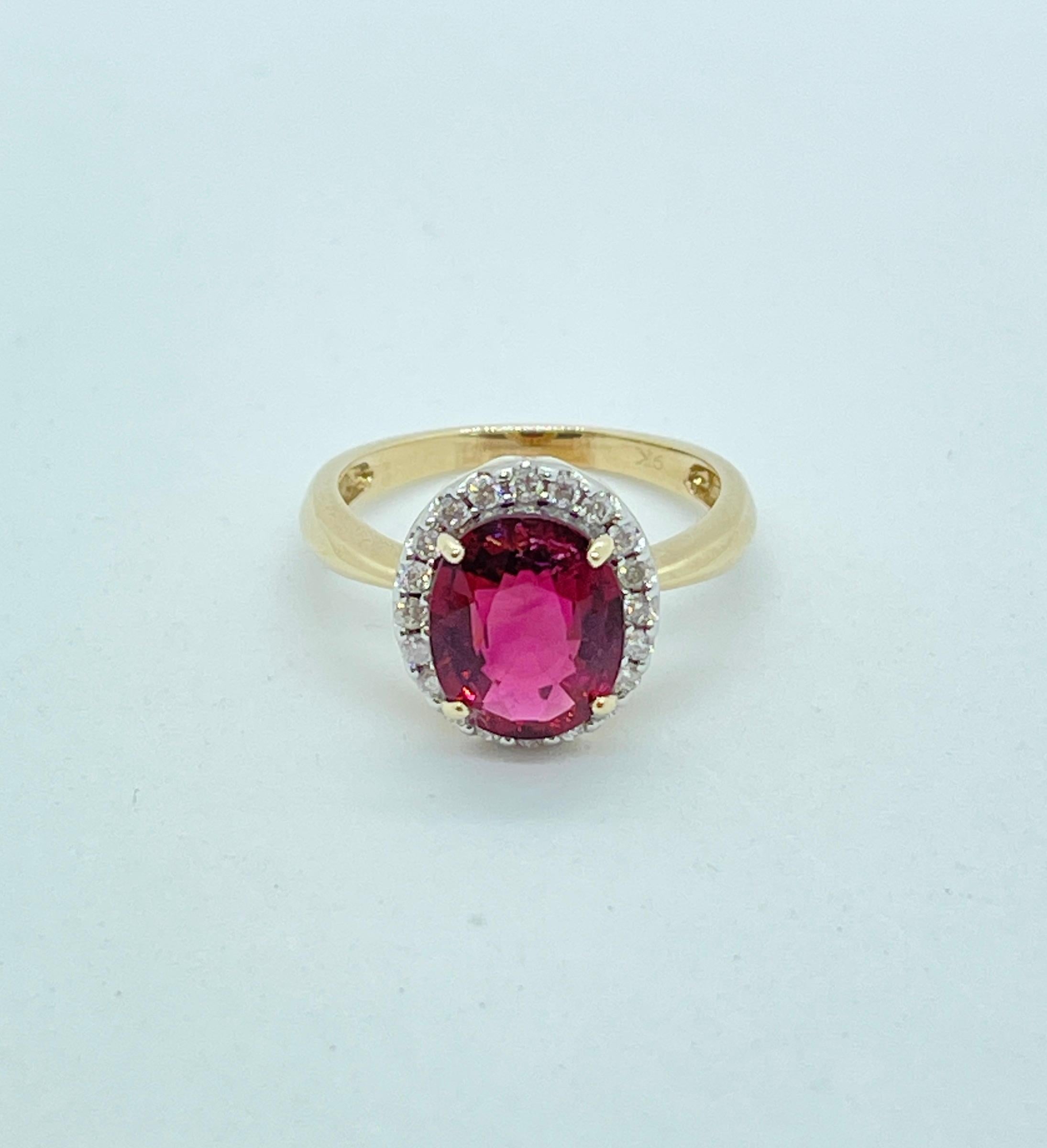 Genuine Natural Rubellite Tourmaline Diamond Halo Ring 9ct Yellow Gold Valuation For Sale 5