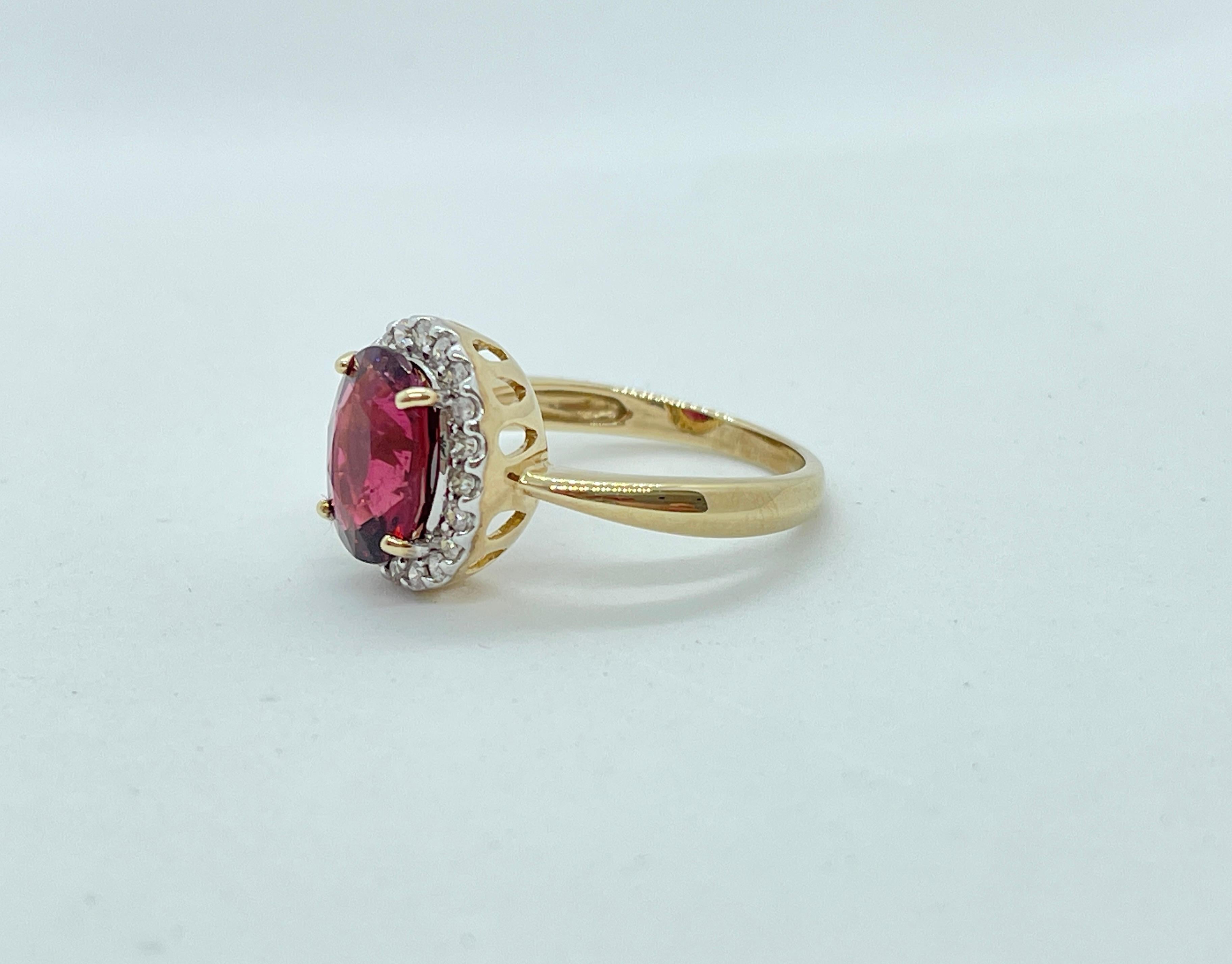 Genuine Natural Rubellite Tourmaline Diamond Halo Ring 9ct Yellow Gold Valuation For Sale 2