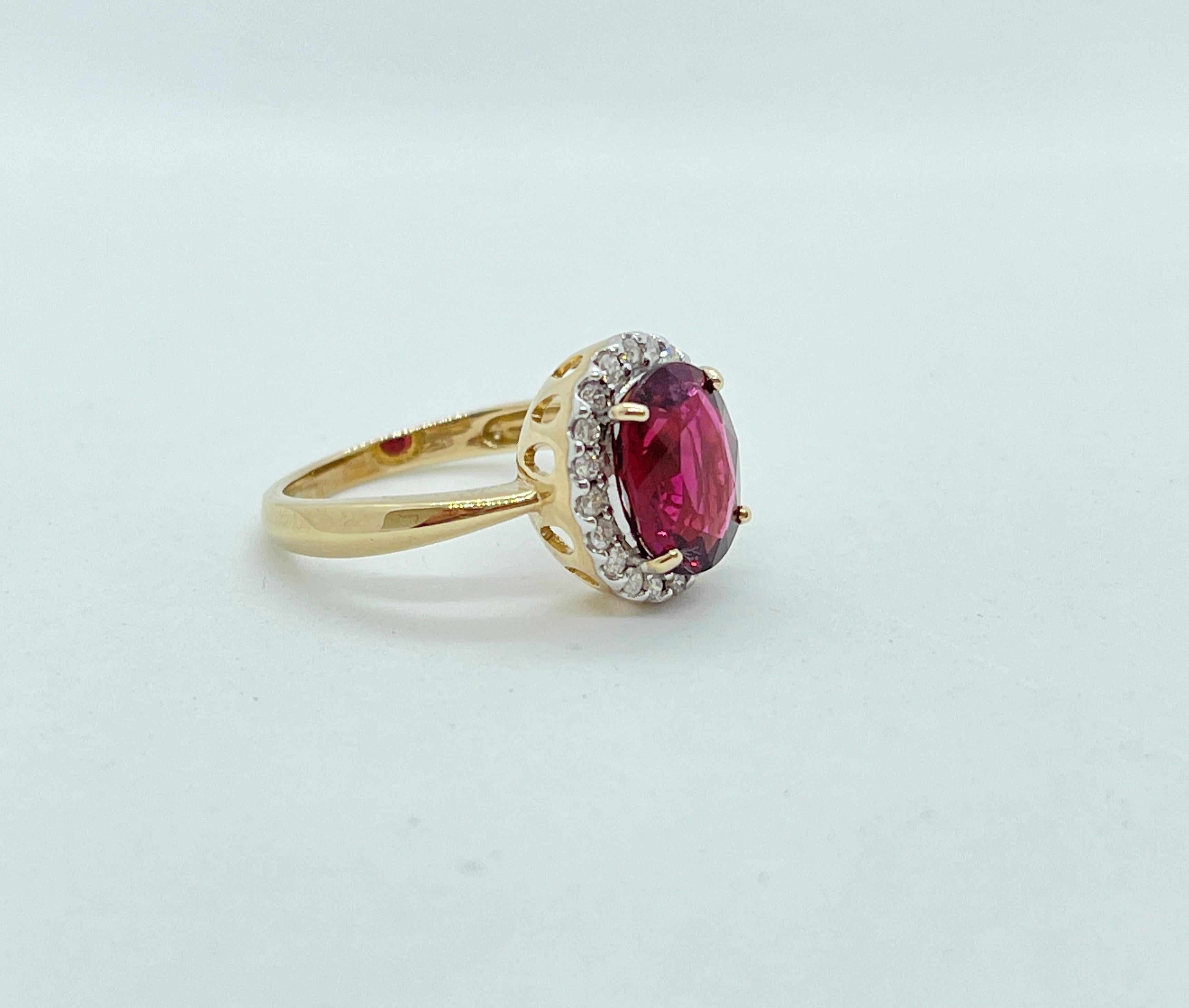 Genuine Natural Rubellite Tourmaline Diamond Halo Ring 9ct Yellow Gold Valuation For Sale 3