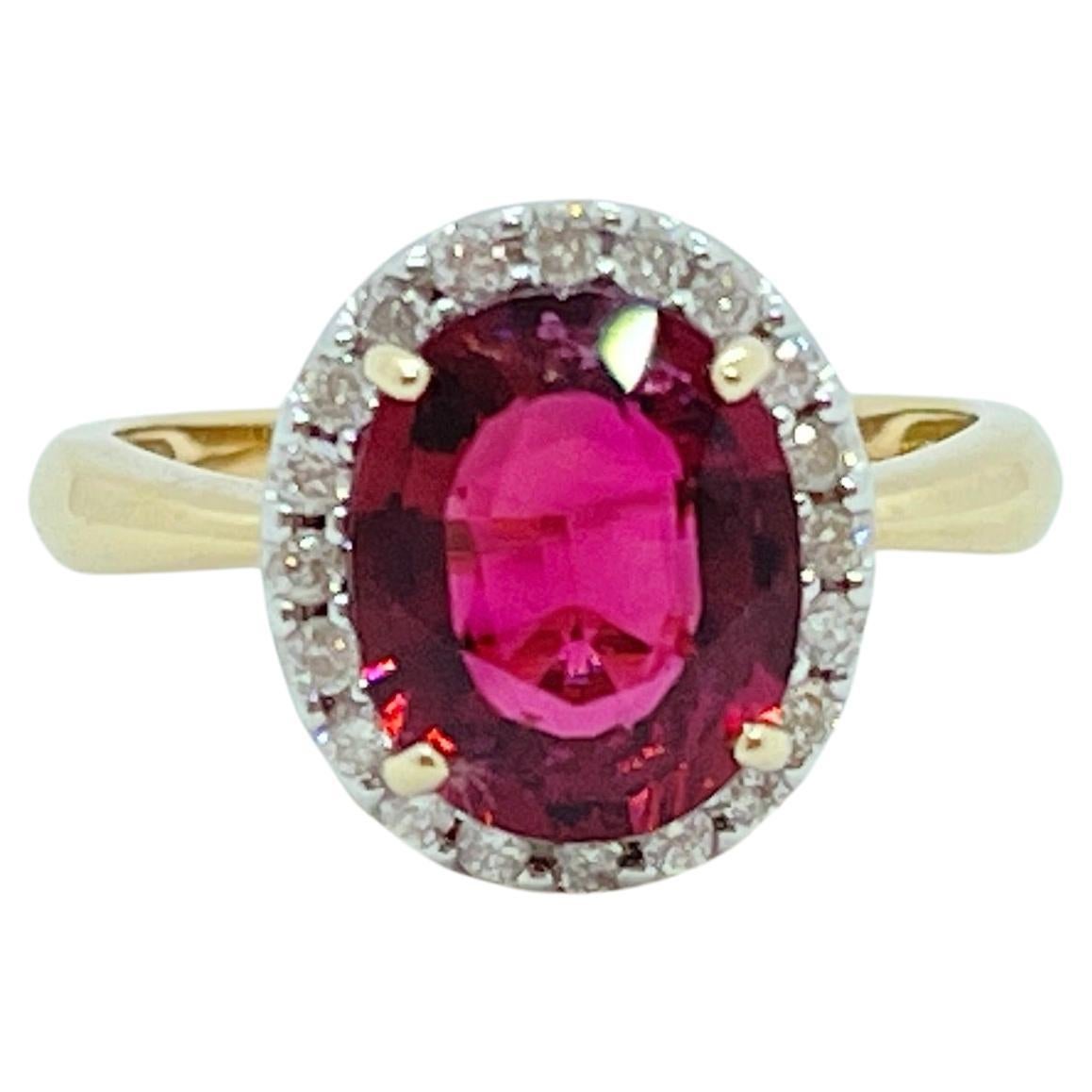 Genuine Natural Rubellite Tourmaline Diamond Halo Ring 9ct Yellow Gold Valuation For Sale