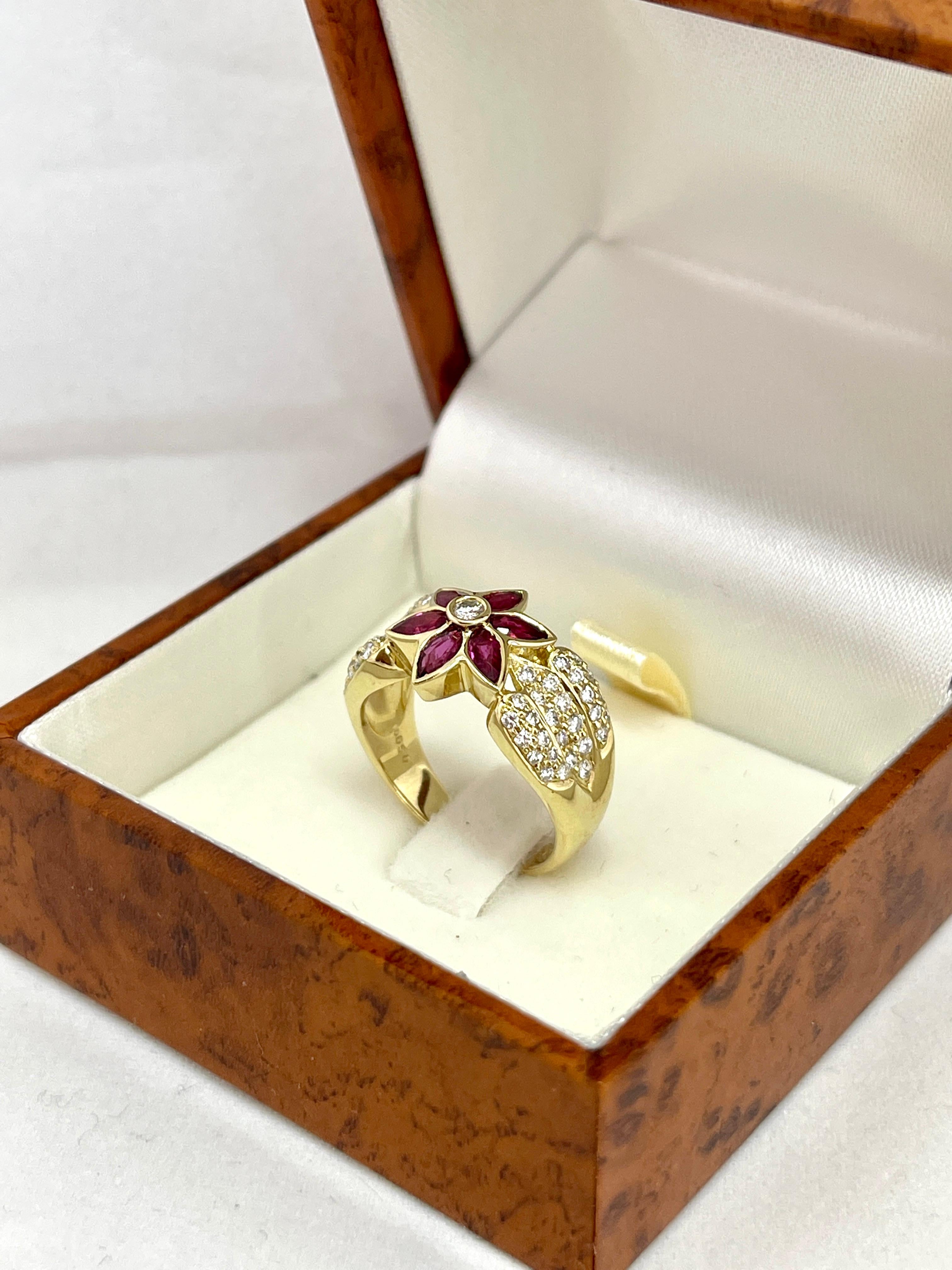 Genuine Natural Ruby Diamond Designer Flower Cluster Ring 18K Yellow Gold For Sale 5