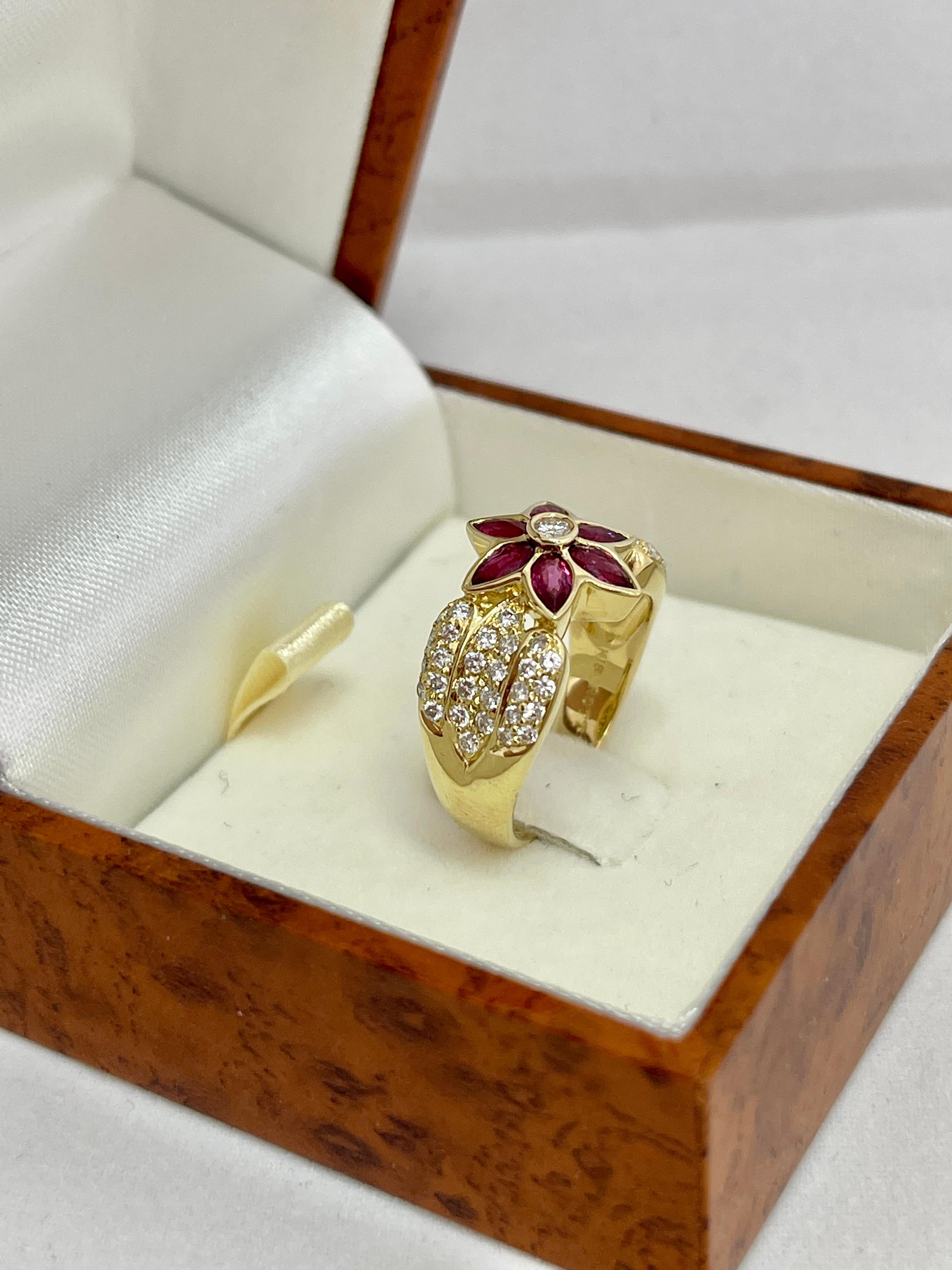Genuine Natural Ruby Diamond Designer Flower Cluster Ring 18K Yellow Gold For Sale 6