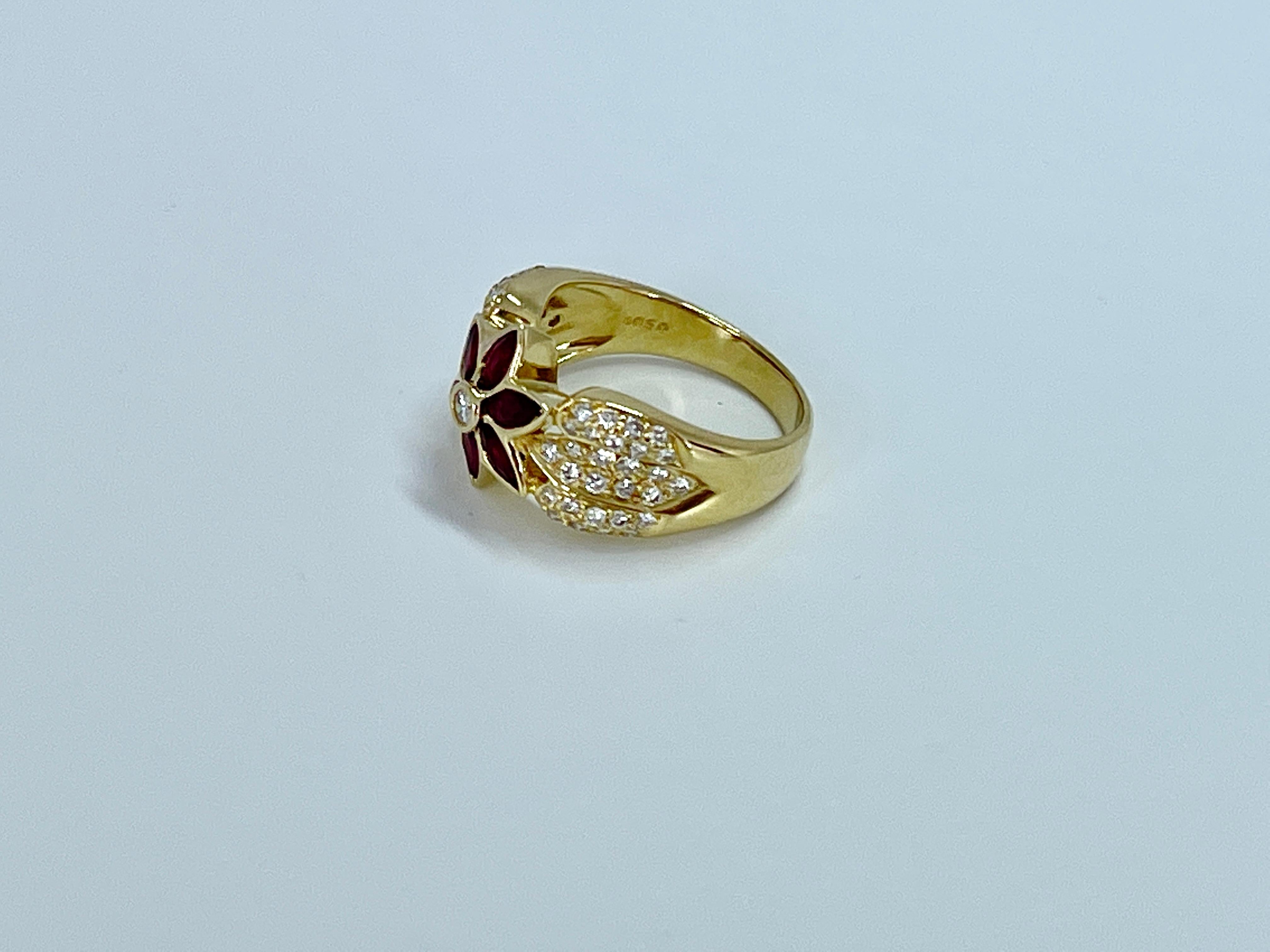 Genuine Natural Ruby Diamond Designer Flower Cluster Ring 18K Yellow Gold For Sale 8