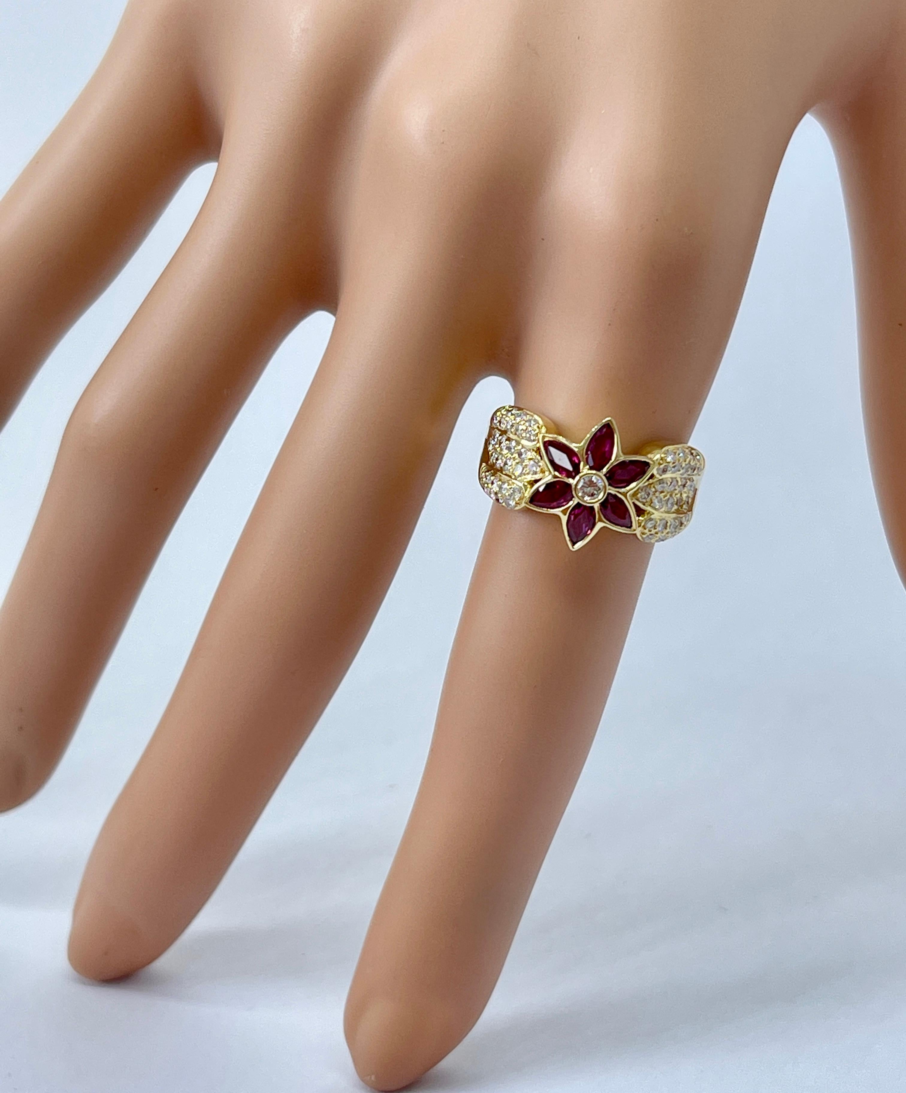 Genuine Natural Ruby Diamond Designer Flower Cluster Ring 18K Yellow Gold For Sale 11