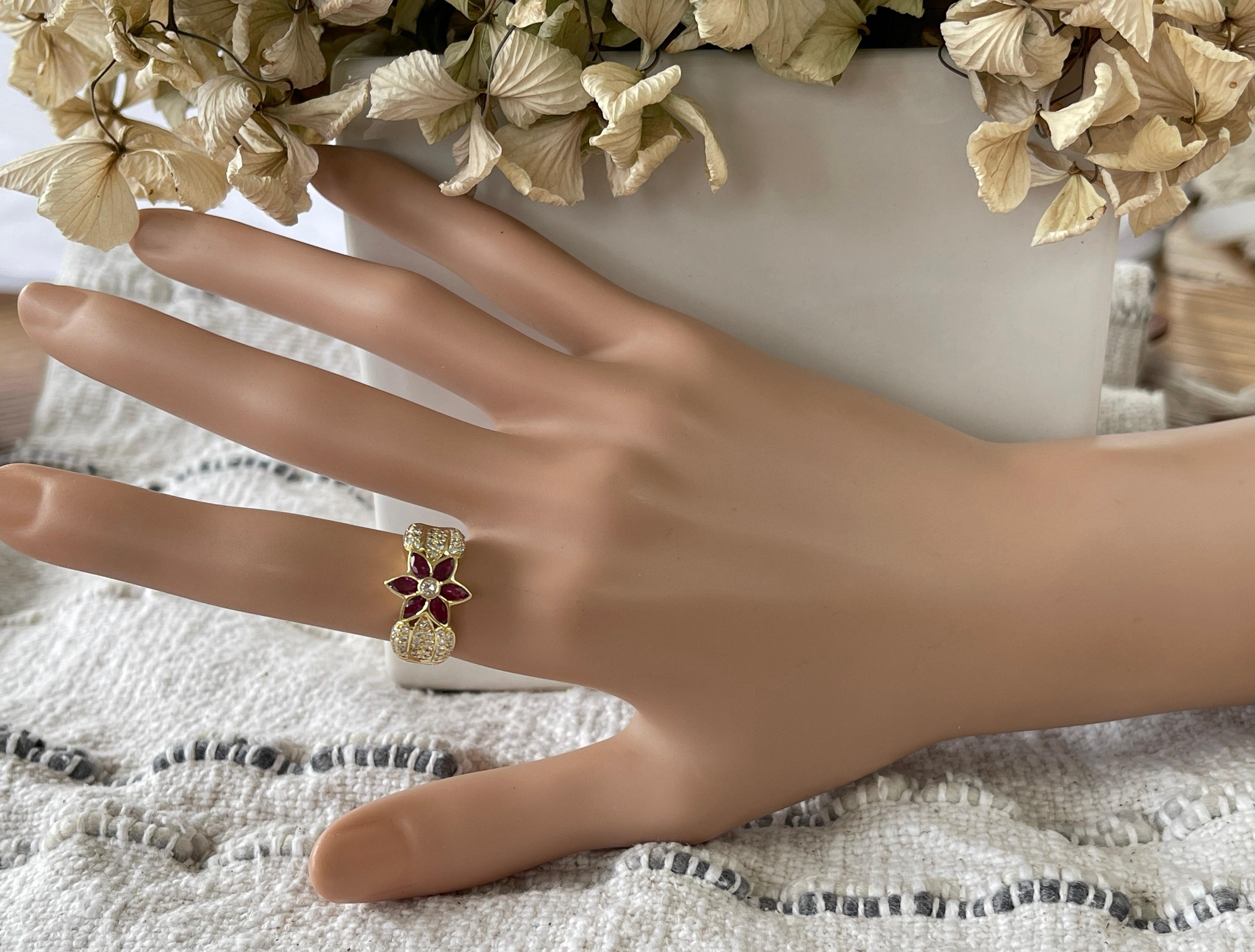 Genuine Natural Ruby Diamond Designer Flower Cluster Ring 18K Yellow Gold For Sale 12